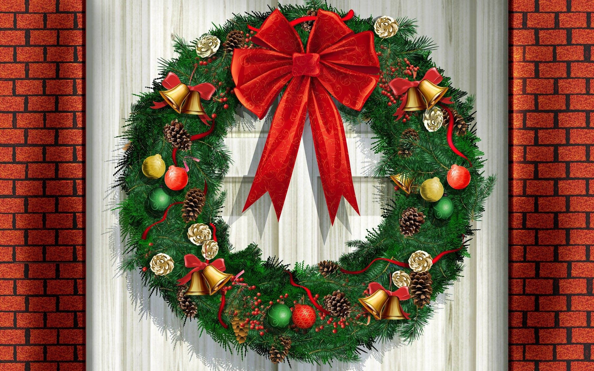 Download Christmas Wreath With Ribbon Wallpaper