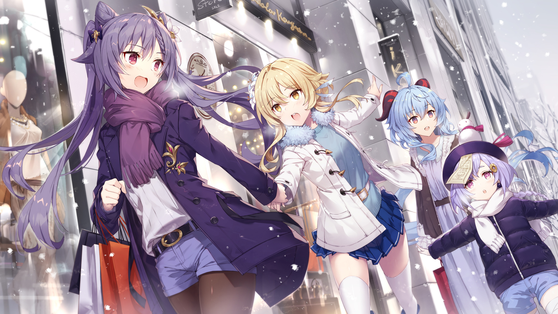 blonde hair building gabiran ganyu (genshin impact) genshin impact horns keqing (genshin impact) loli long hair lumine (genshin impact) pantyhose qiqi (genshin impact) scarf shorts skirt snow thighhighs twintails winter yellow eyes