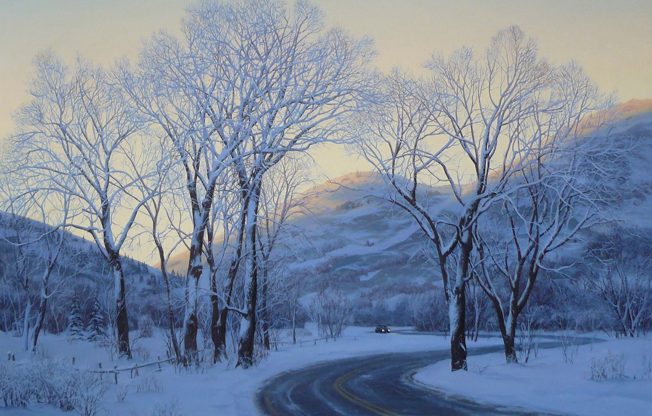 Wallpaper winter, road, car, machine, snow, landscape, mountains, the evening, painting, road, trees, art, winter, snow, evening, painting image for desktop, section живопись