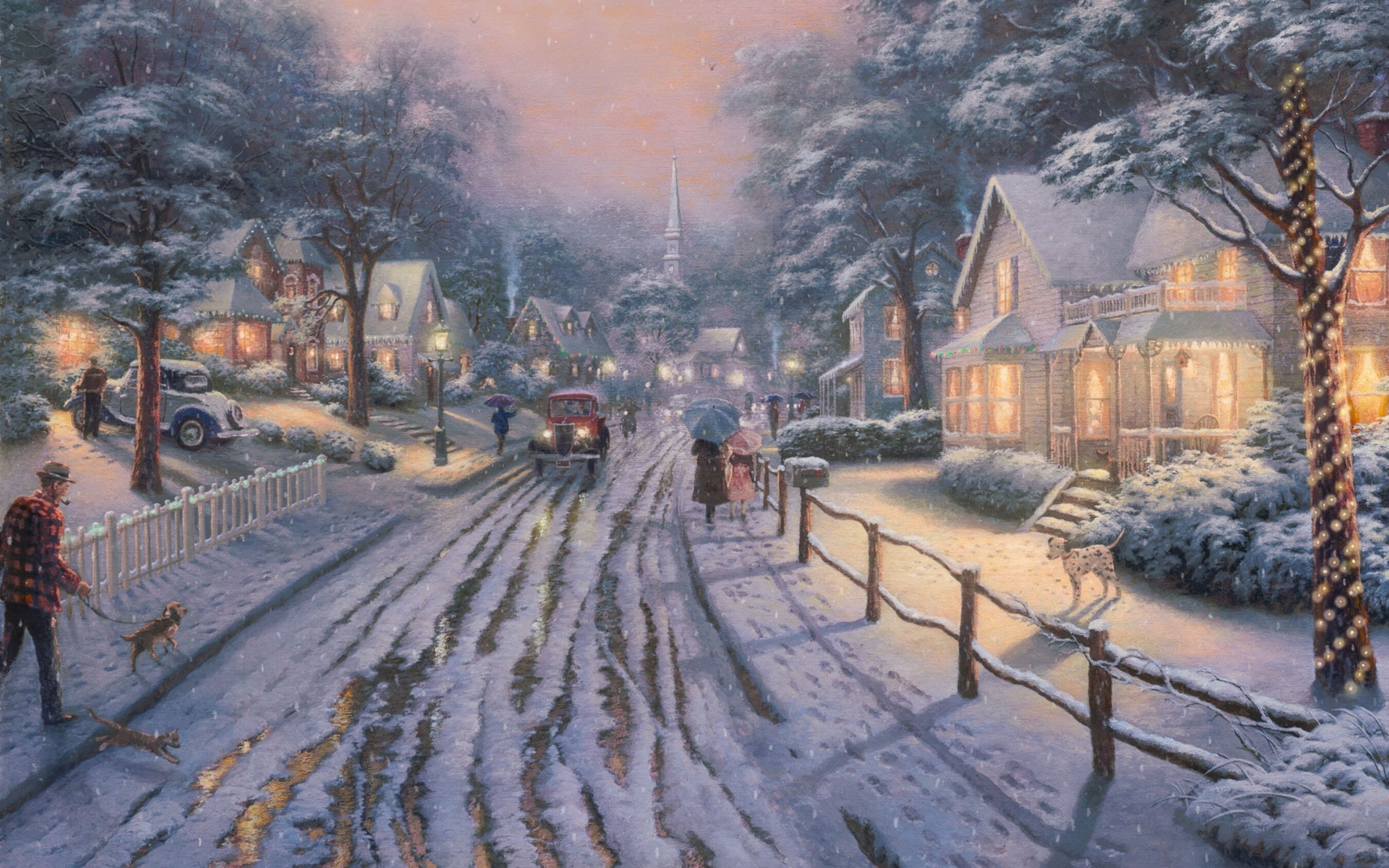 People Walking on Snow Covered Road Near Houses Painting