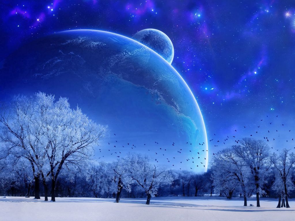 Download wallpaper 1024x768 nature, landscape, winter, sky, snow, full moon, trees, birds, evening standard 4:3 HD background