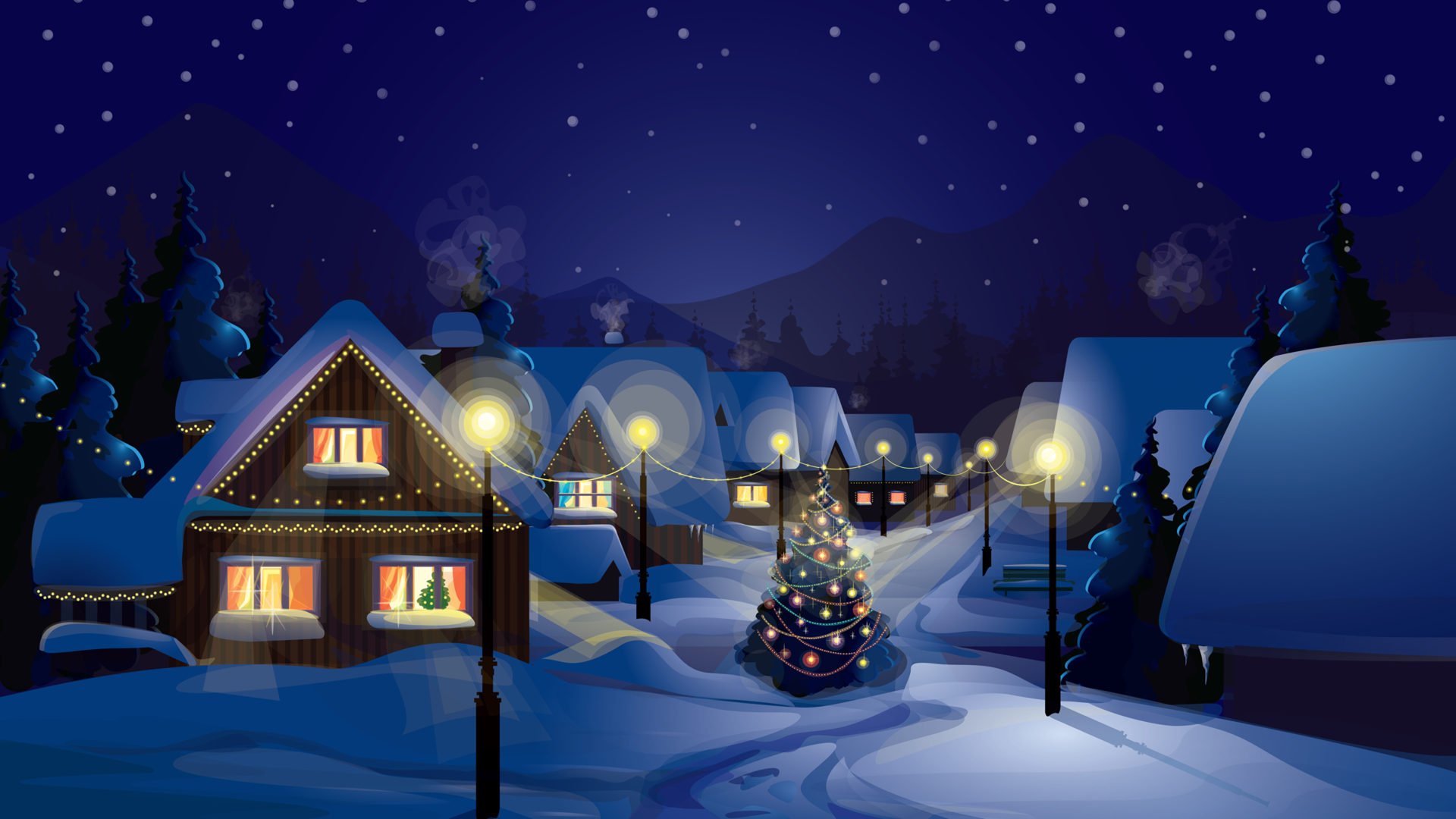 Christmas Night Village In Snowy Christmas Wallpaper HD