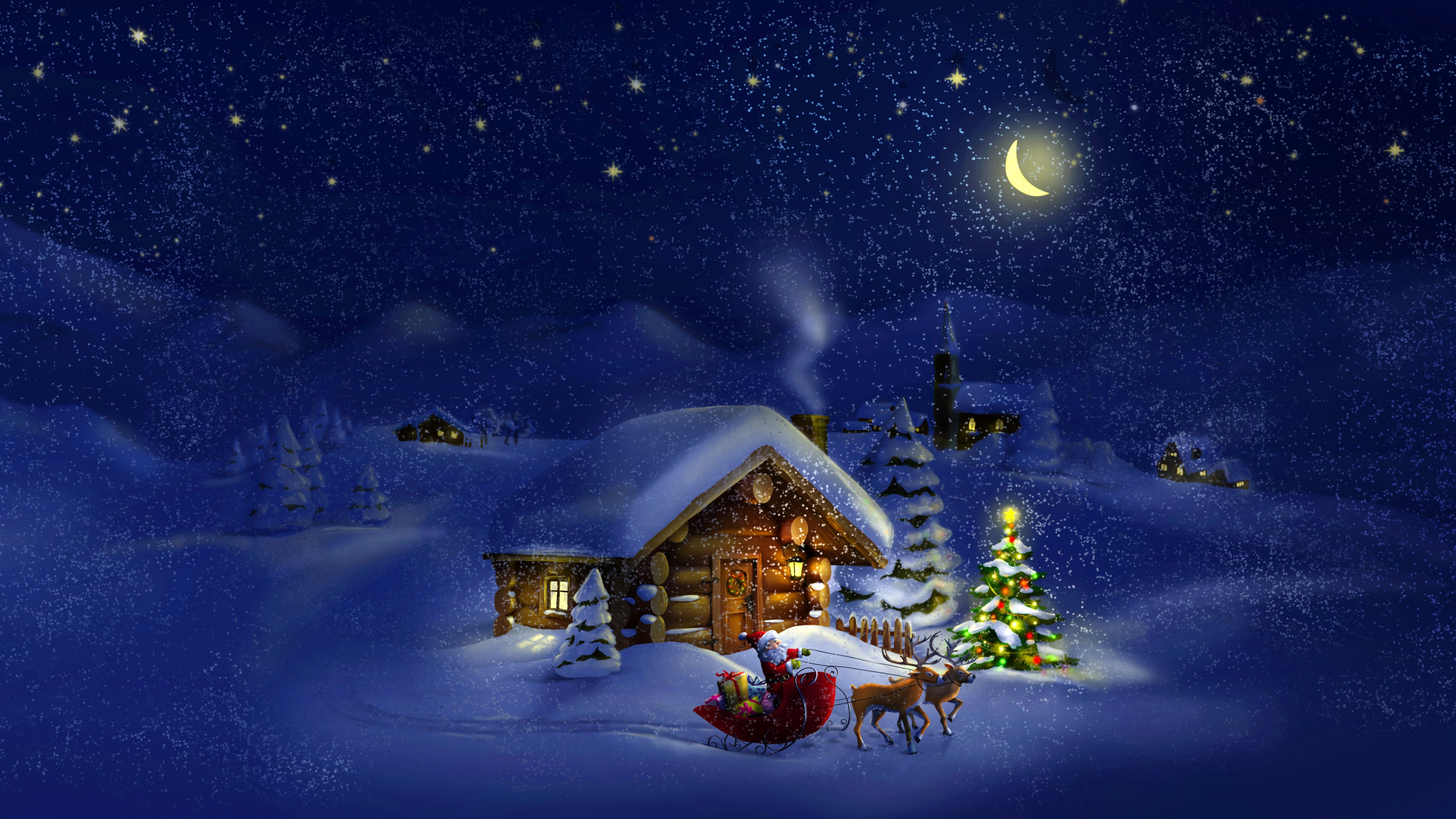 Wallpaper Christmas, New Year, Santa, deer, moon, night, winter, house, snow, 4k, Holidays