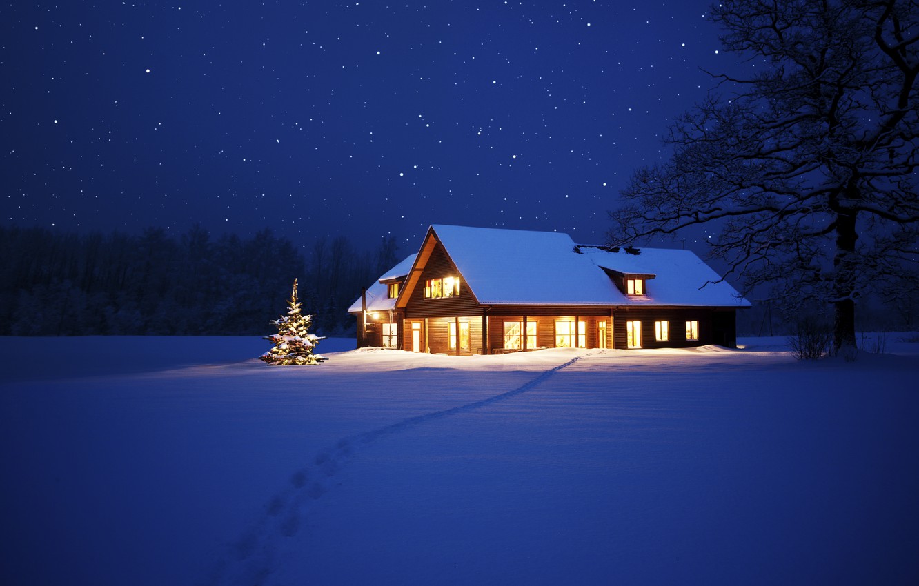 Wallpaper lights, house, tree, New Year, Christmas, Christmas, night, winter, snow, tree image for desktop, section новый год