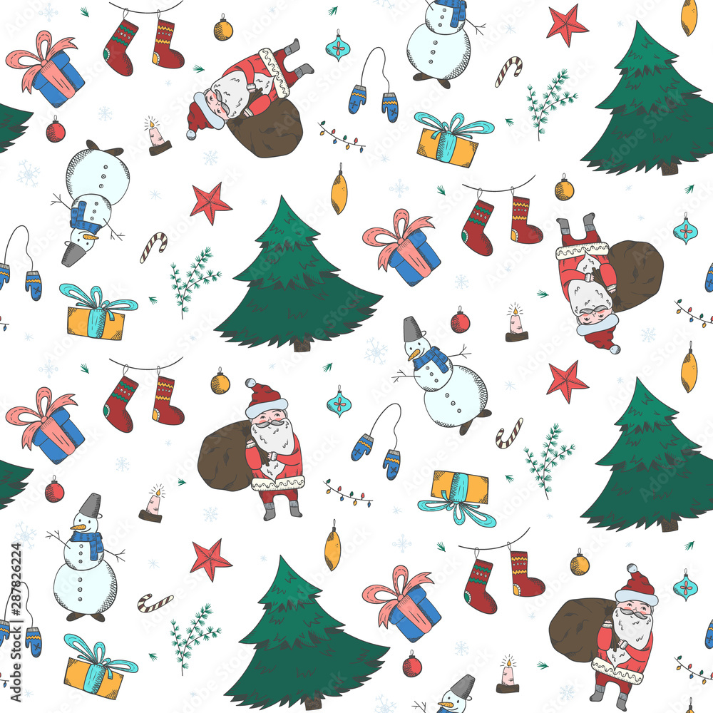 Bright kids Christmas seamless pattern with cute hand drawn doodle elements. Colorful new year winter texture with firs, snowmen, giftbox, santa, stockings for textile, wrapping paper, wallpaper Stock Vector