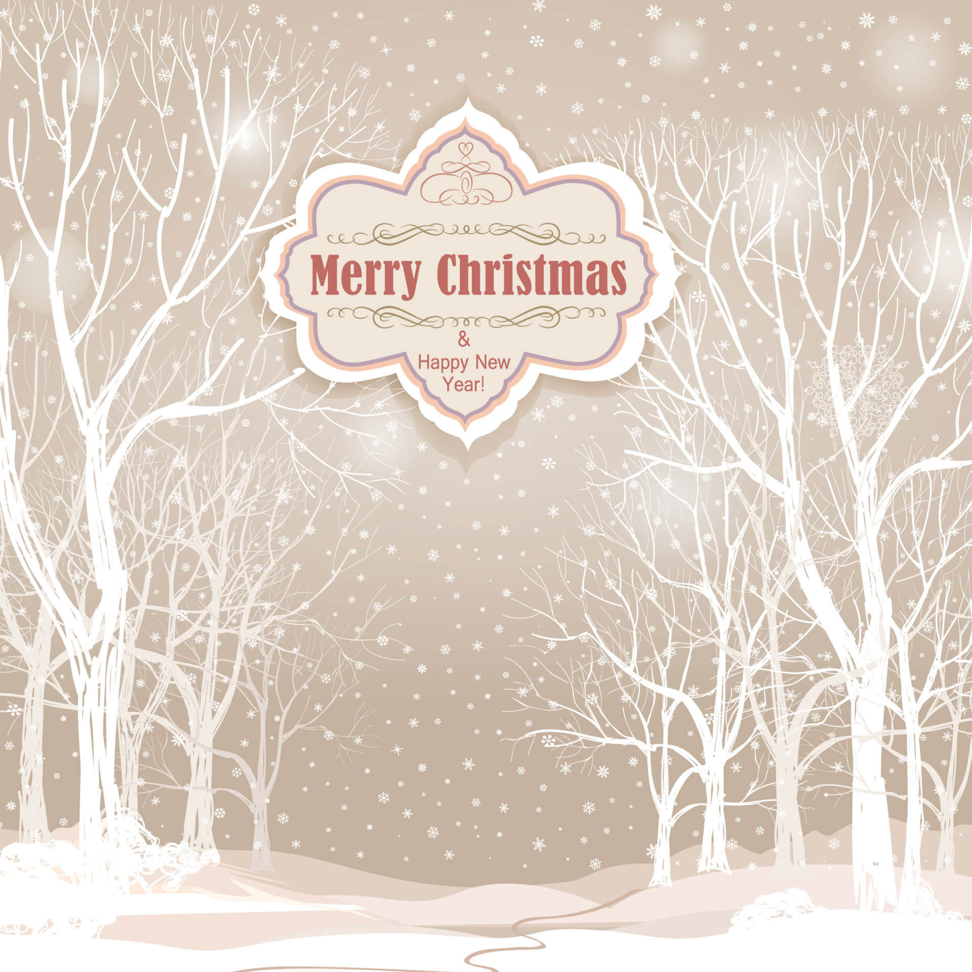 Snow winter landscape with decorated Christmas tree. Merry Christmas holiday greeting card background with snowy winter forest. Christmas wallpaper with copy space