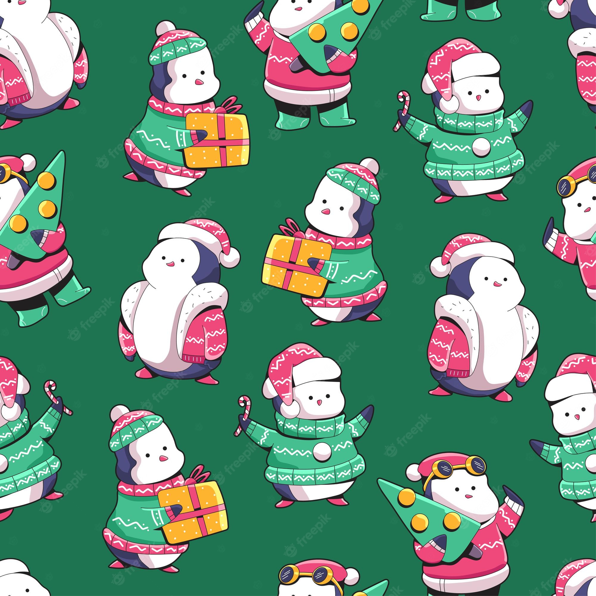 Premium Vector. Christmas penguin cartoon seamless pattern background for wallpaper, wrapping, packing, and backdrop
