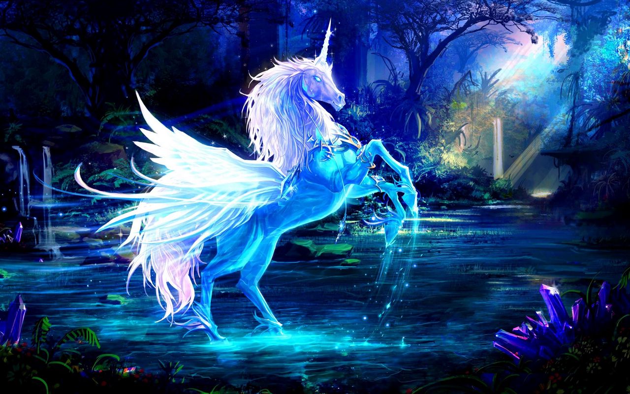 Download wallpaper 1280x800 unicorn, water, forest, night, magic widescreen 16:10 HD background