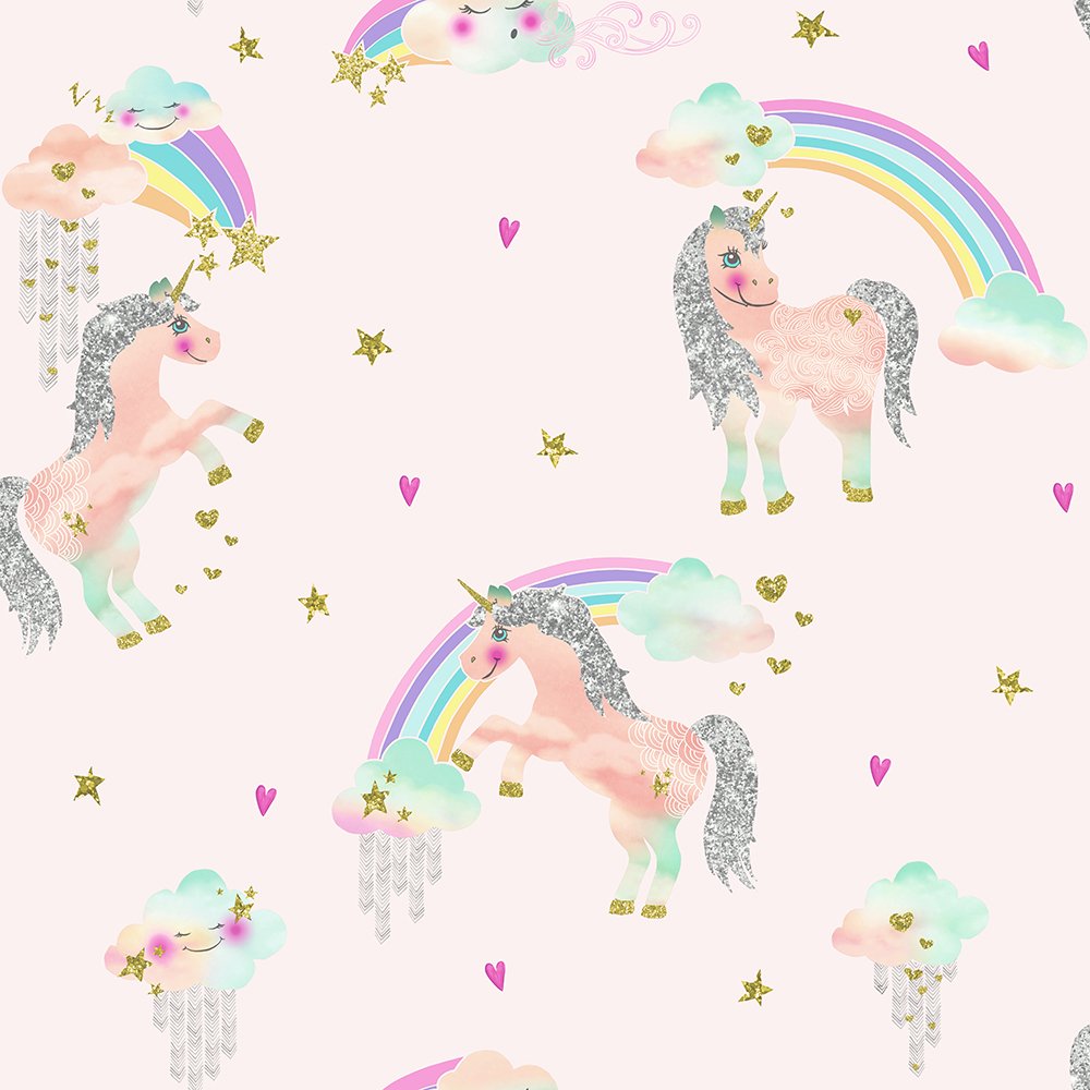 Arthouse 696108 Fill Your Kidâ€s Bedroom With Multi Coloured, Glitter Clouds And Sparkling Magical Rainbow Unicorn Wallpaper Is Available In Soft Pink And White, 53 X 7