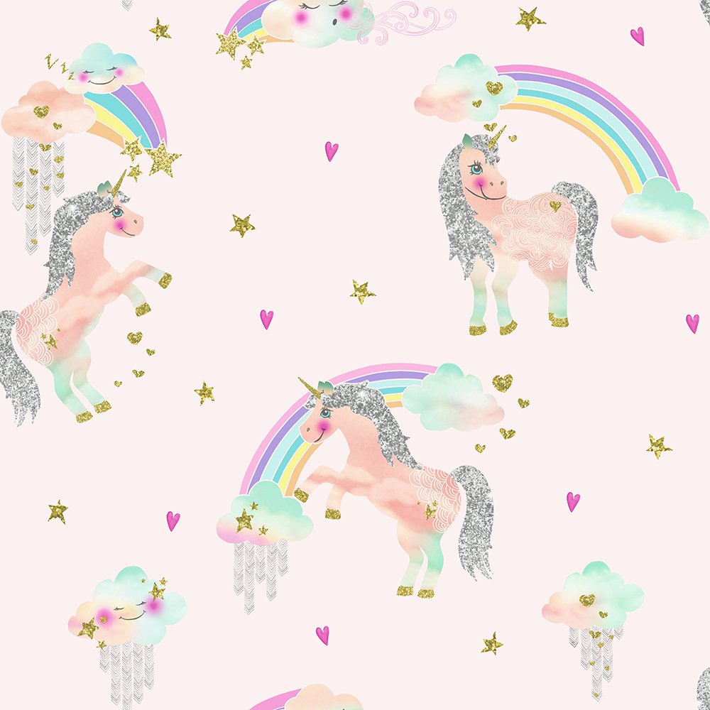 Arthouse 696108 Fill Your Kidâ€s Bedroom With Multi Coloured, Glitter Clouds And Sparkling Magical Rainbow Unicorn Wallpaper Is Available In Soft Pink And White, 53 X 7