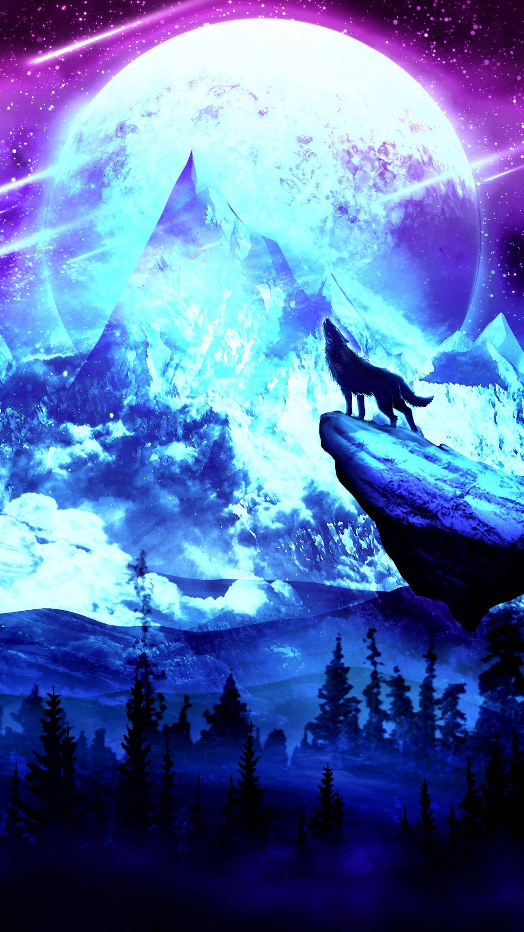 Download Galaxy Wolf With Neon Moon Wallpaper