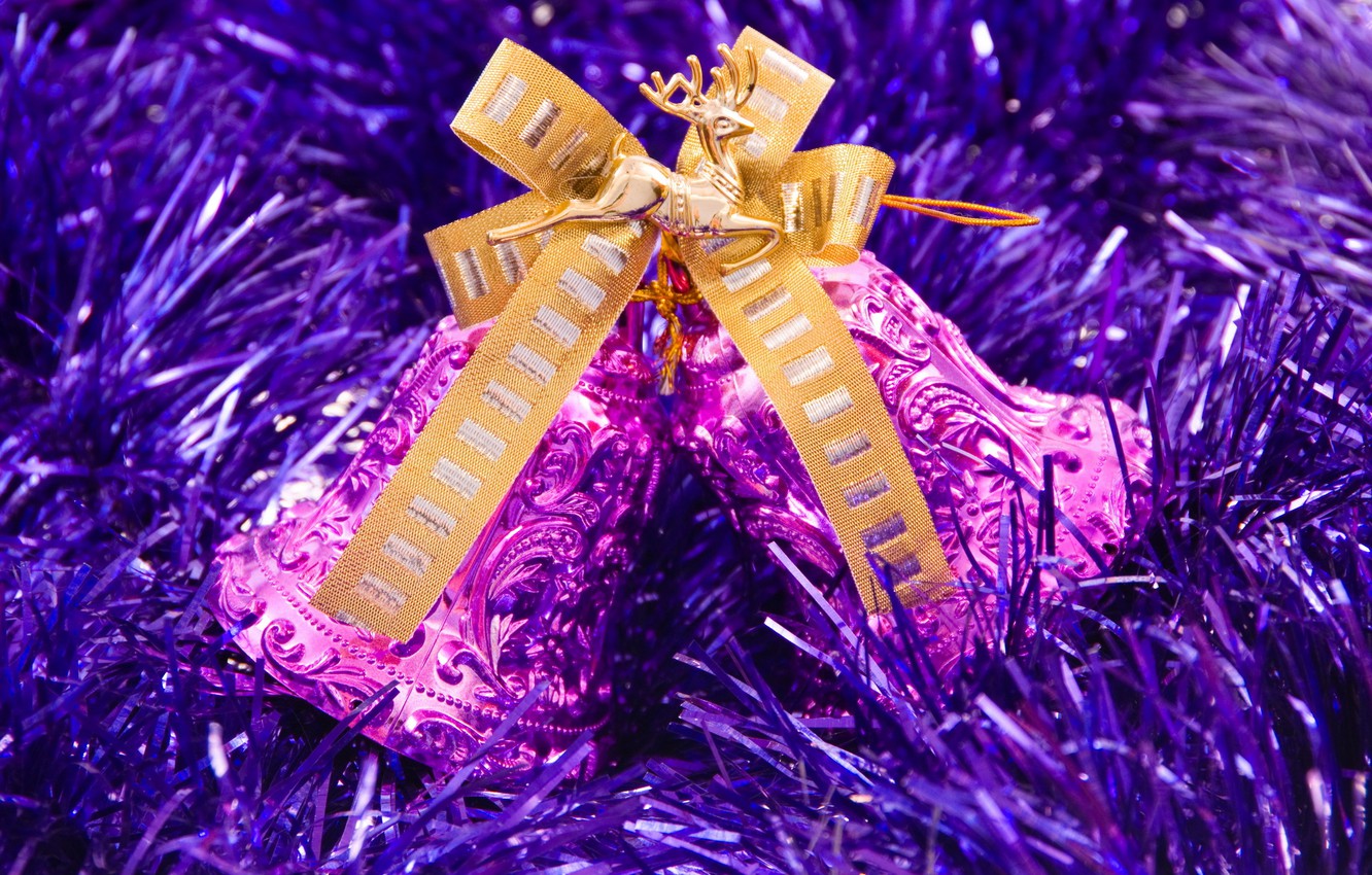 Wallpaper holiday, new year, deer, pink, gold, new year, tinsel, bells, bow, purple, figure image for desktop, section новый год