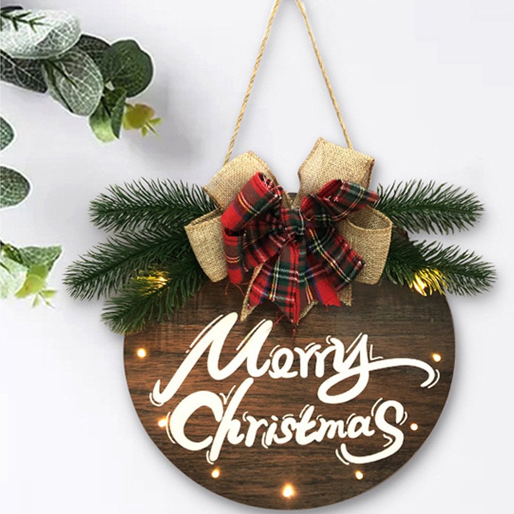 Merry Christmas Sign with LED Light, Wooden Hanging Sign Wreath for Front Door, Christmas Door Hanger Decor, Christmas Hanging Decoration for Porch Home Indoor Outdoor