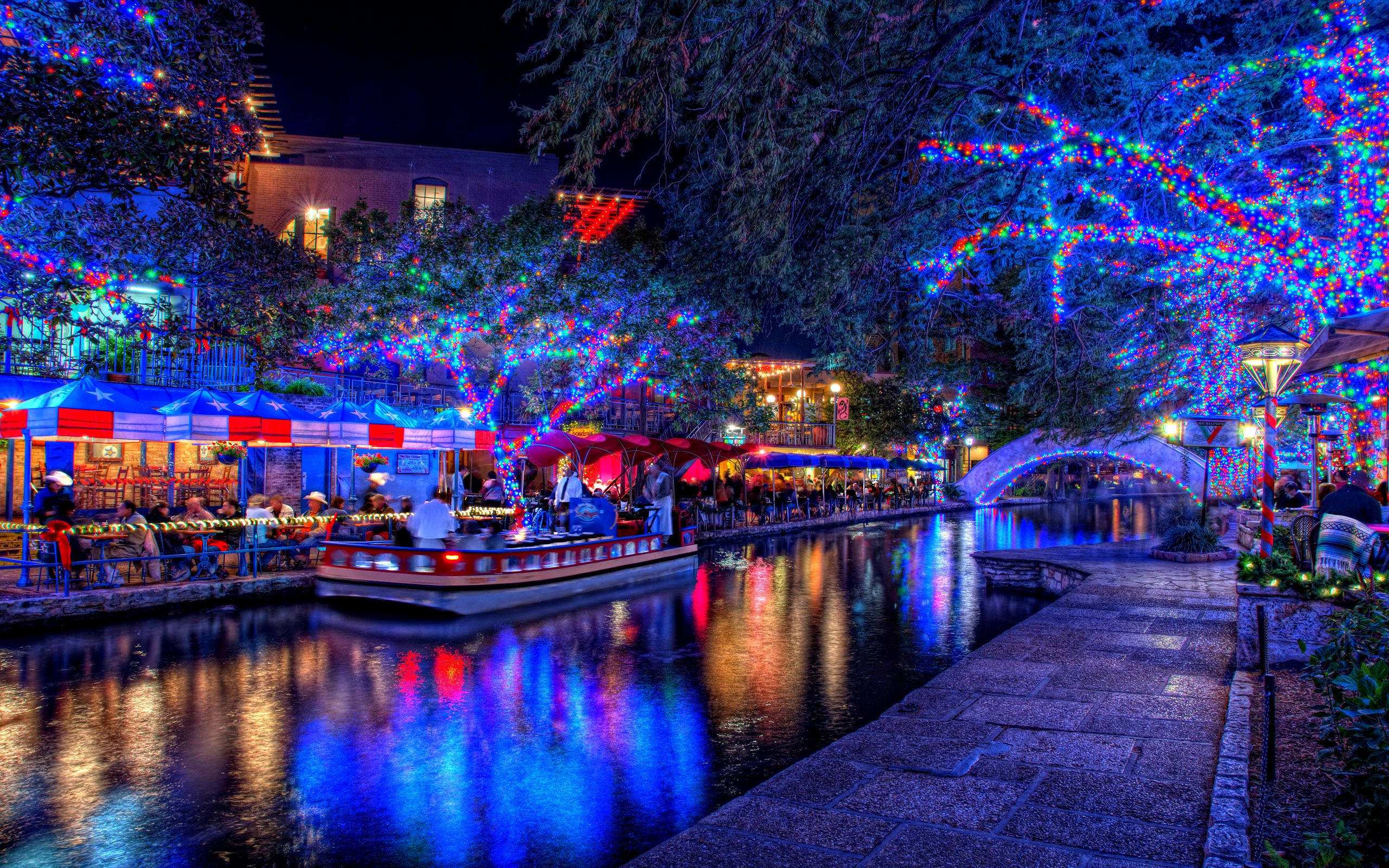 Download River Walk Holiday Christmas Lights Wallpaper