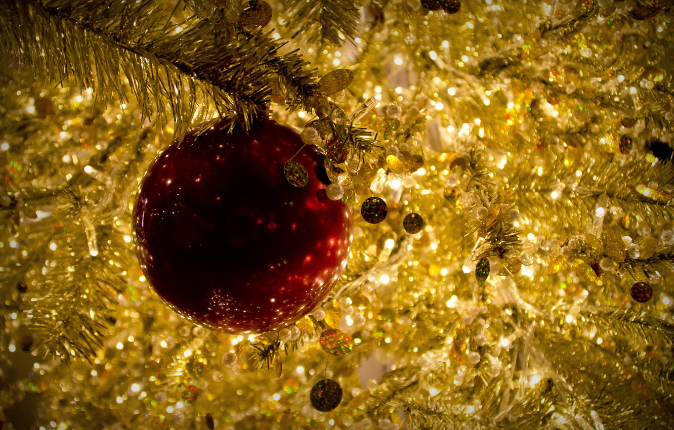 Wallpaper red, toy, ball, Christmas, gold, tinsel, Christmas, New Year, Christmas image for desktop, section новый год