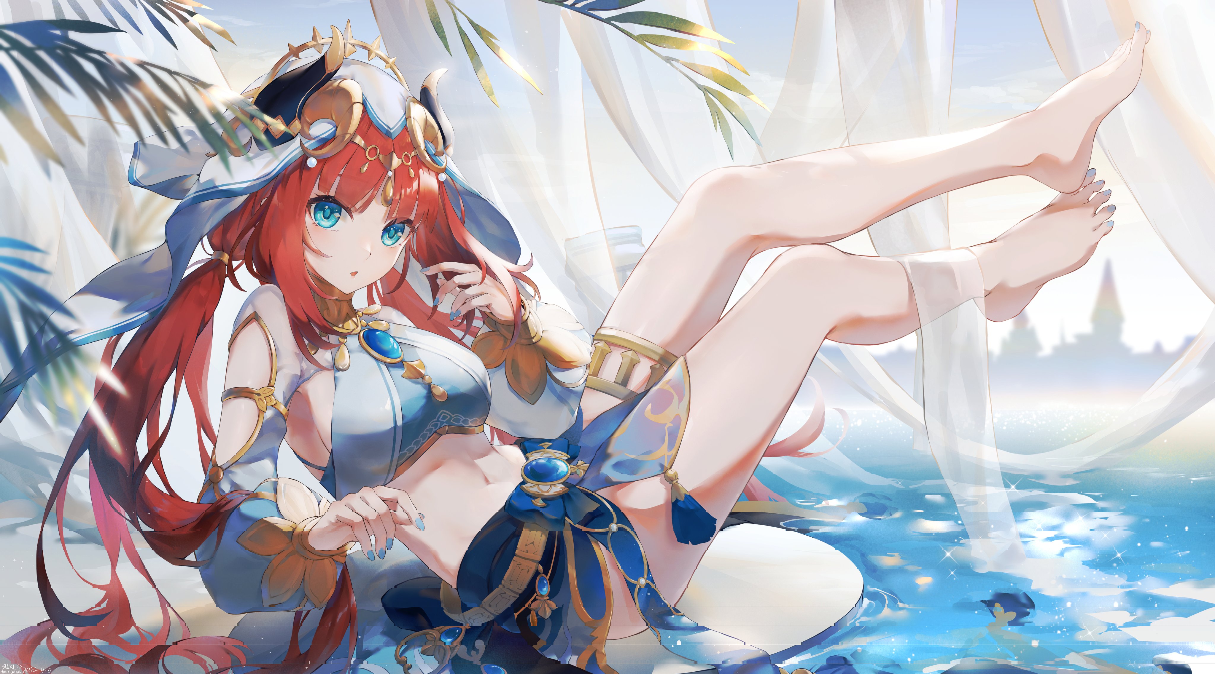 Nilou Genshin Impact Genshin Impact Anime Girls Feet Redhead Twintails Blue Eyes Water Wallpaper:4096x2274