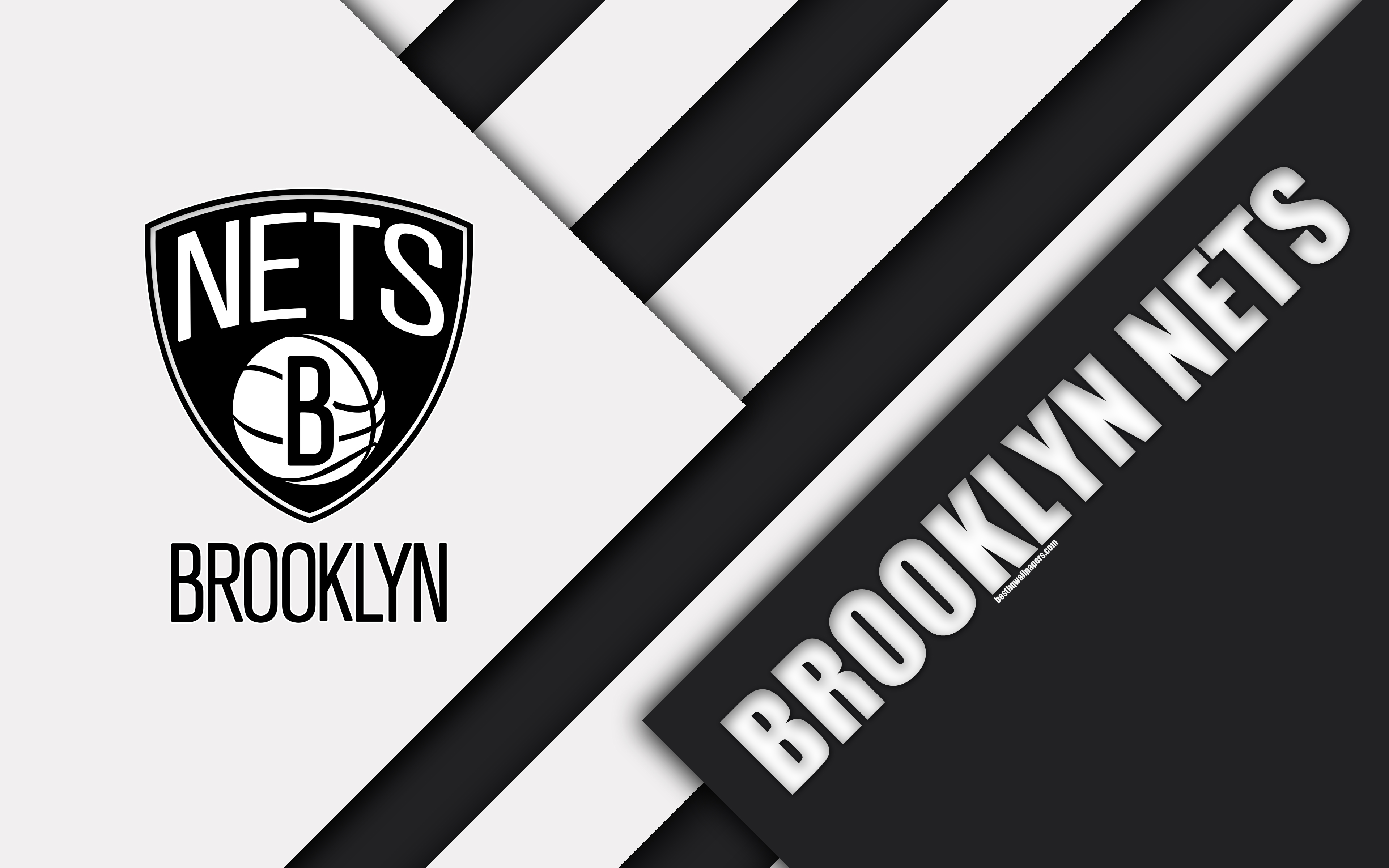 Download wallpaper Brooklyn Nets, 4k, logo, material design, American basketball club, black and white abstraction, NBA, Brooklyn, New York, USA, basketball for desktop with resolution 3840x2400. High Quality HD picture wallpaper