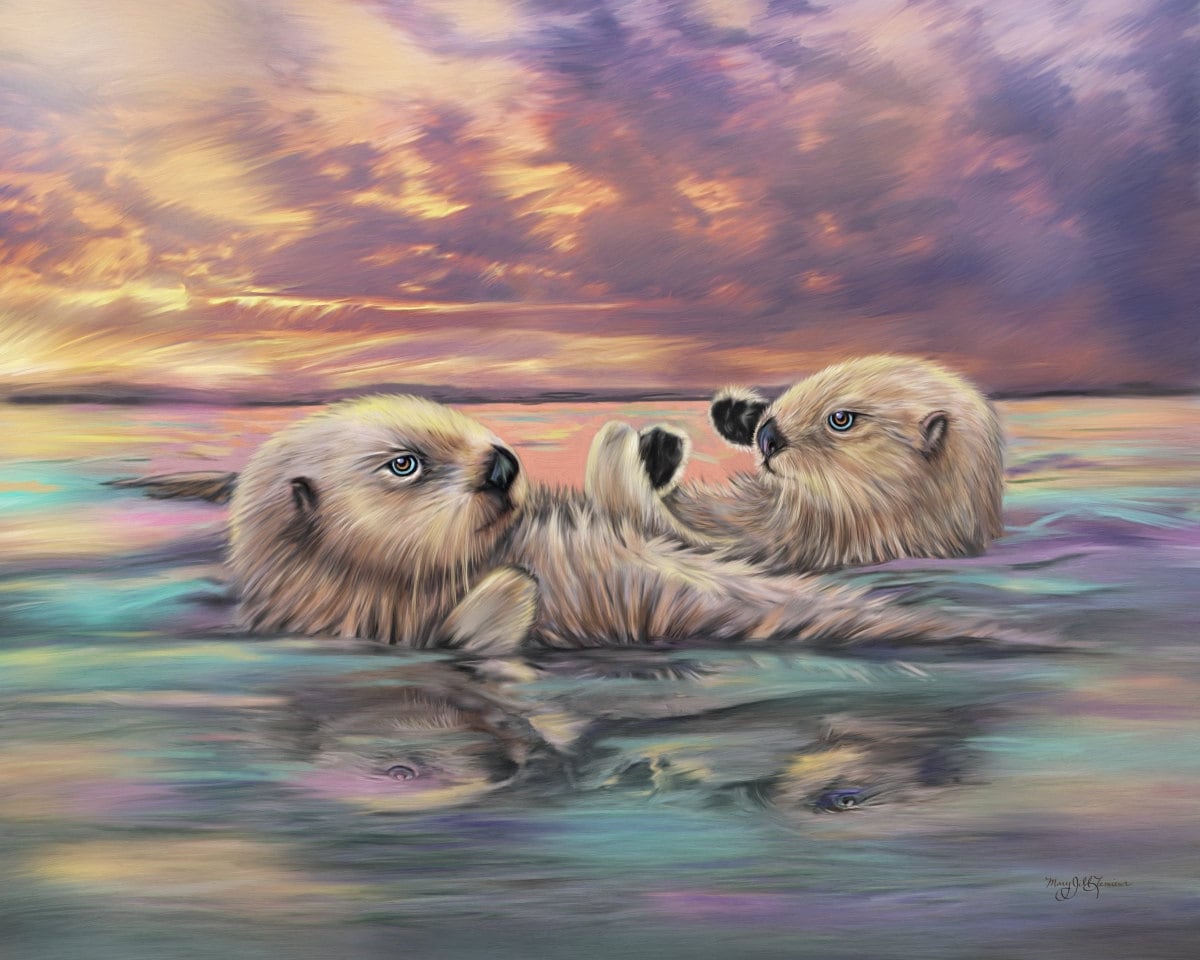 Sea Otter Painting Otter Artwork on Canvas Sea Otters Holding