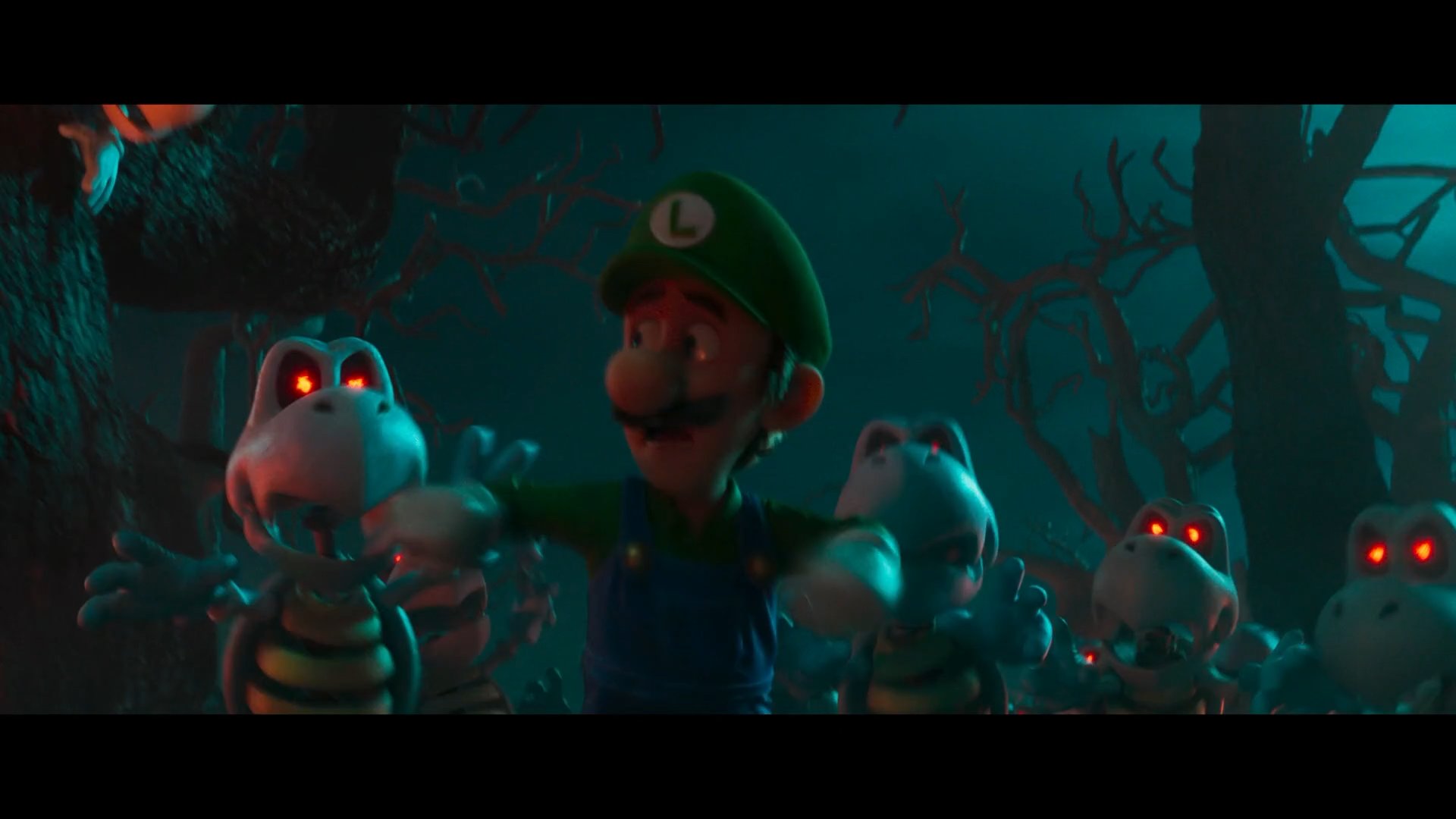 Luigi running from a group of Dry Bones. The Super Mario Bros. Movie (2023 Film)