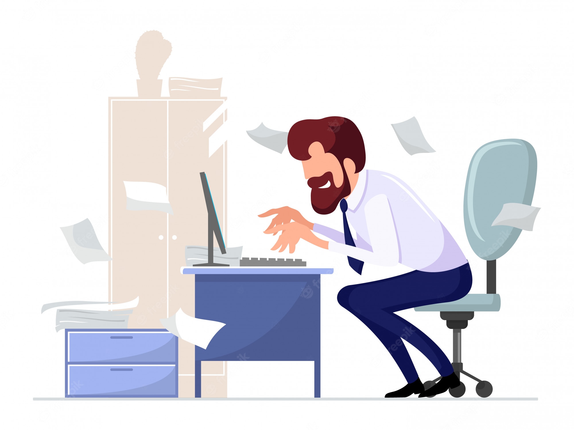 Premium Vector. Bearded office worker, employee sitting on chair at computer desk, working enthusiastically at background of cupboard, plant, scattered papers. hardworking man typing. cartoon illustration