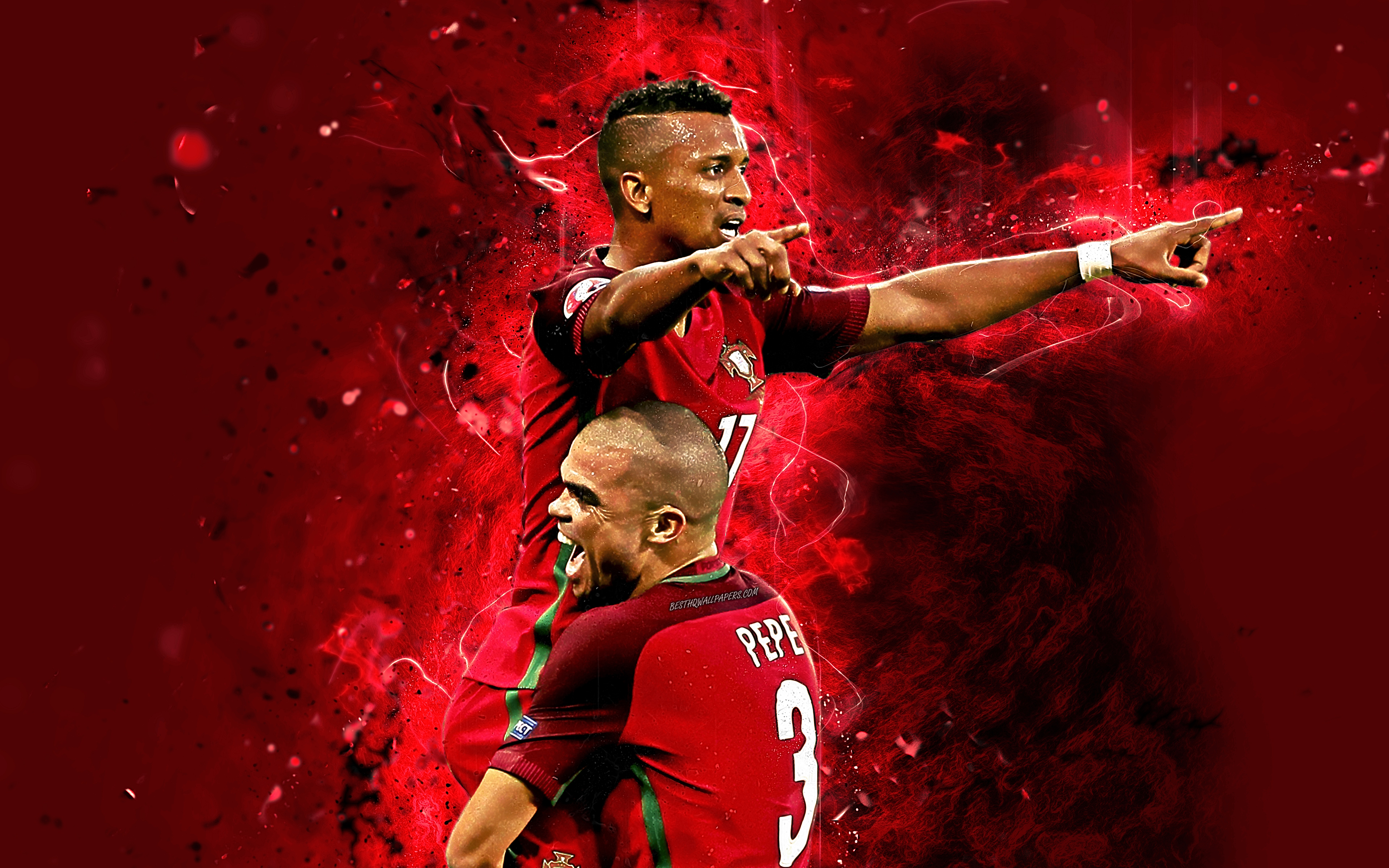 Download wallpaper 4k, Luis Nani, Pepe, goal, Portugal National Team, fan art, Nani, soccer, footballers, neon lights, Portuguese football team for desktop with resolution 3840x2400. High Quality HD picture wallpaper