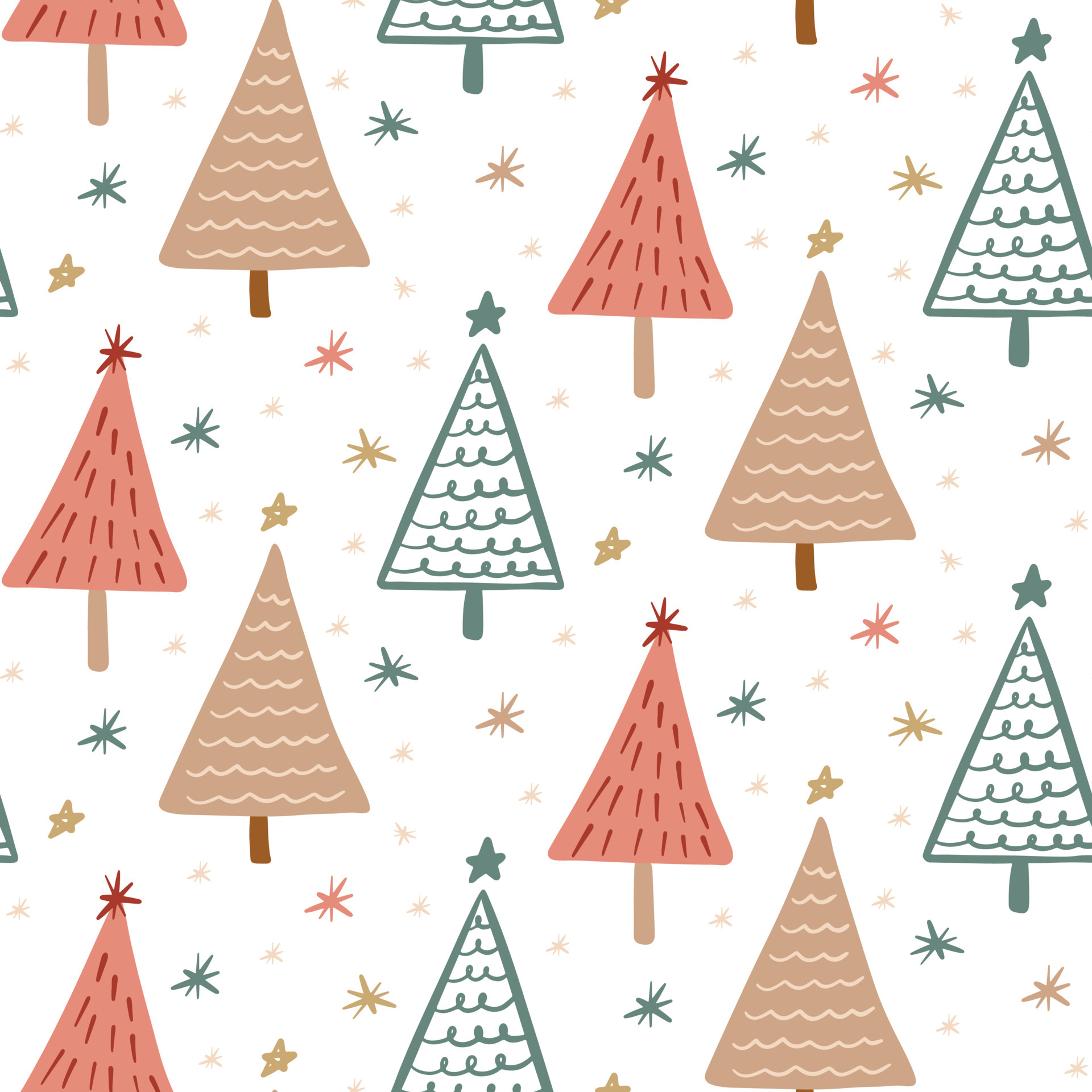 Cute Boho winter season holiday childish seamless pattern with minimalist hand drawn Christmas tree doodle. Beautiful New Year children naive background design, textile print