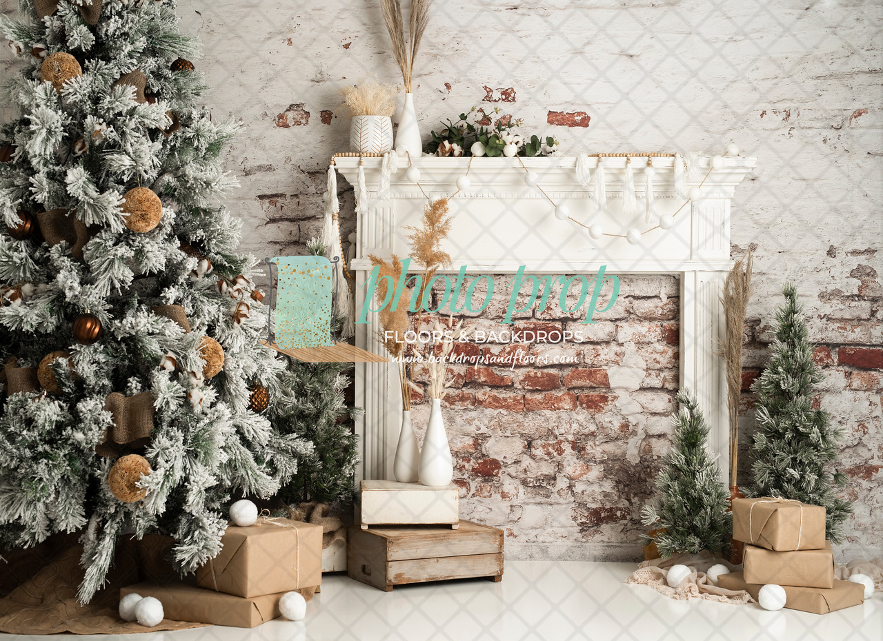 Rustic Boho Fireplace Christmas Photography Backdrop, Bohemian, Holiday, Trees, Fire, Mantle, Cozy, Family Room, Decorations, Home, Presents