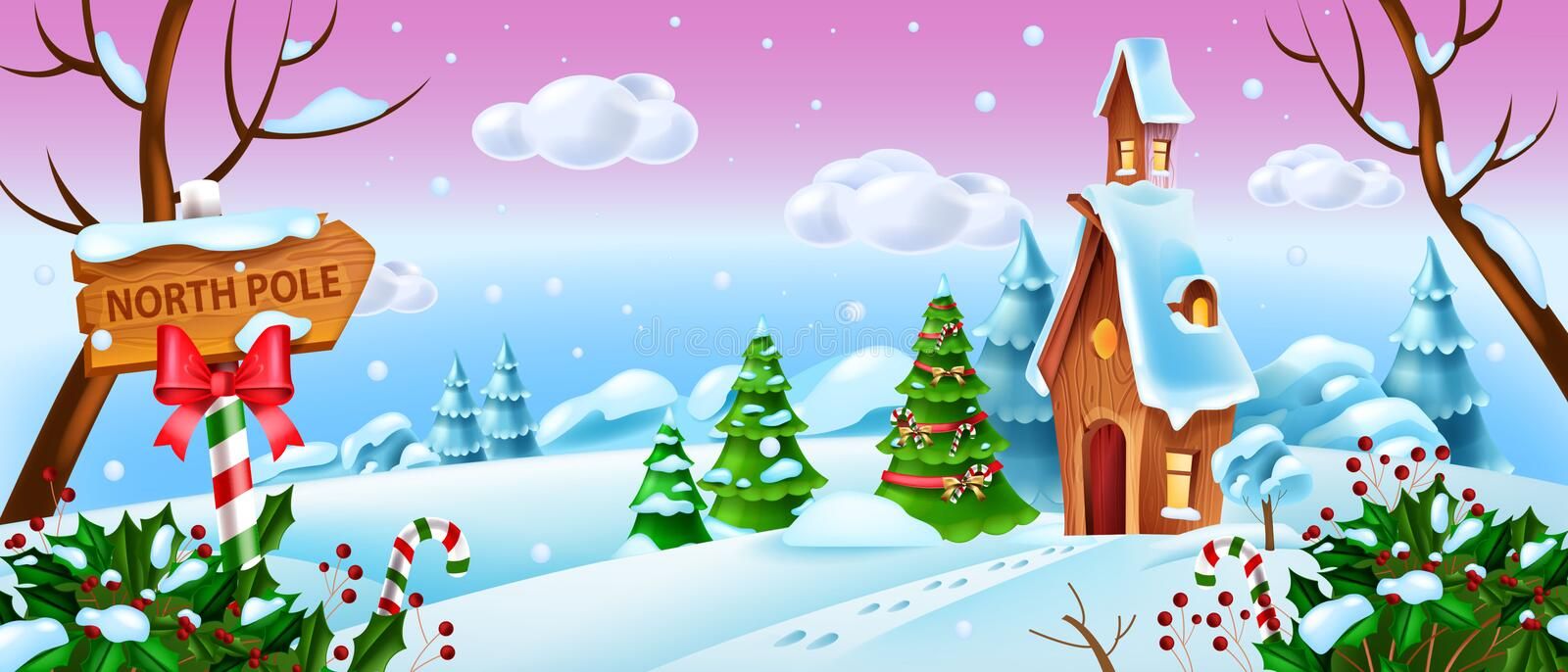 Christmas Winter Landscape, Vector Holiday X Mas Woodland Background, Santa Claus Cartoon House. Stock Vector. Paisaje Vector, Paisaje Invernal, Navidad Invierno