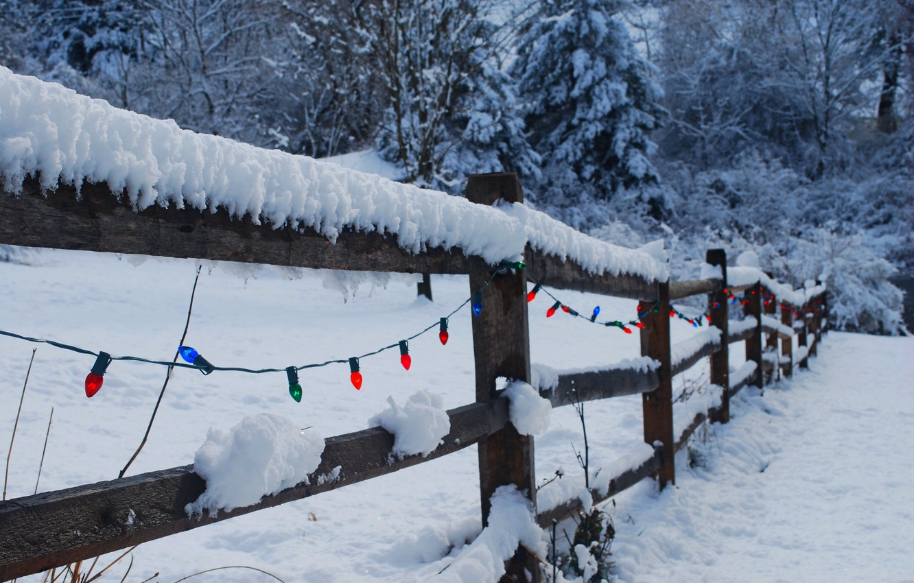 Wallpaper winter, light, snow, nature, lights, holiday, the fence, Christmas, New year, Happy New Year, nature, winter, snow, fence, Merry Christmas, holiday image for desktop, section природа