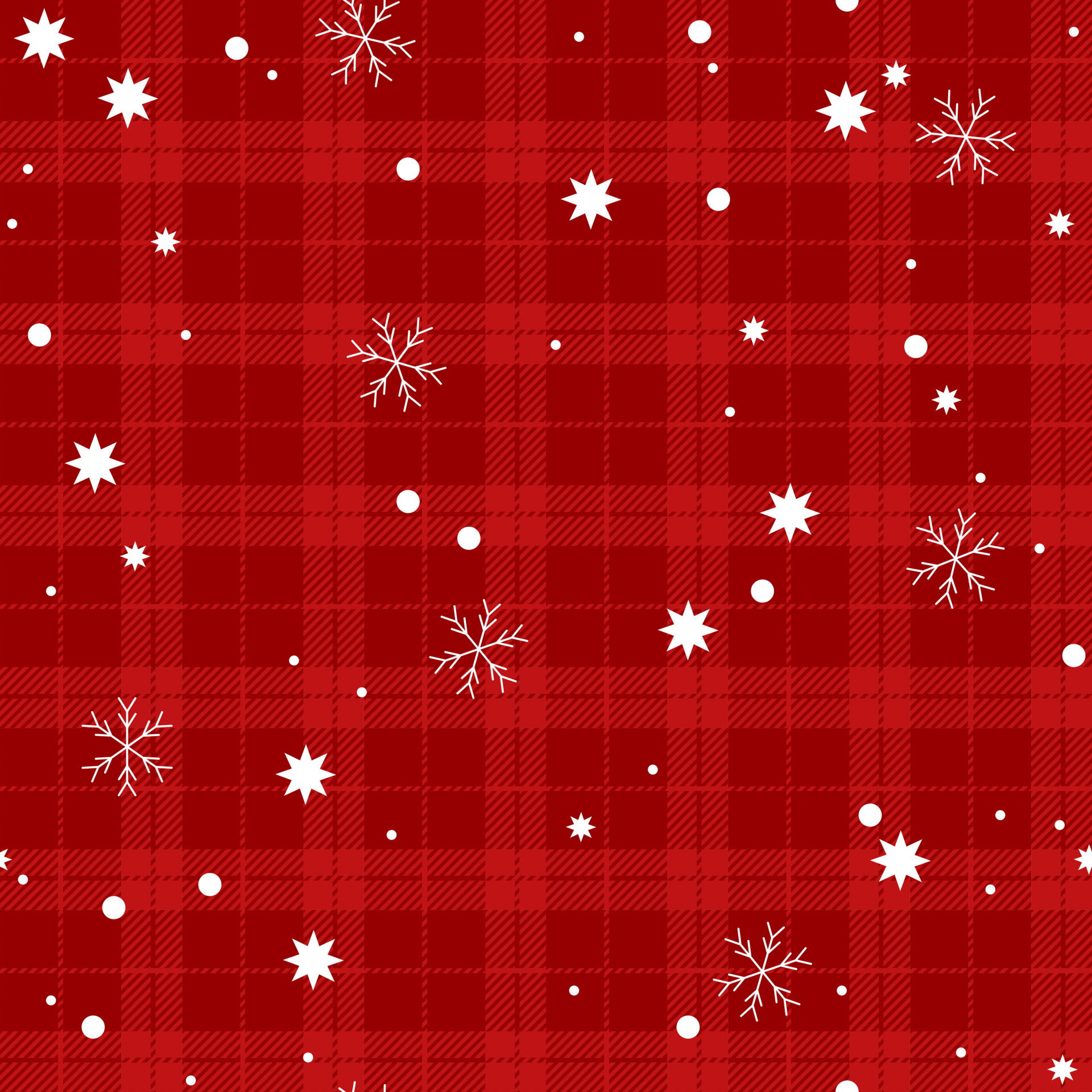 Christmas Red Tartan Plaid Vector Seamless Pattern background with winter snow, snowflakes and stars