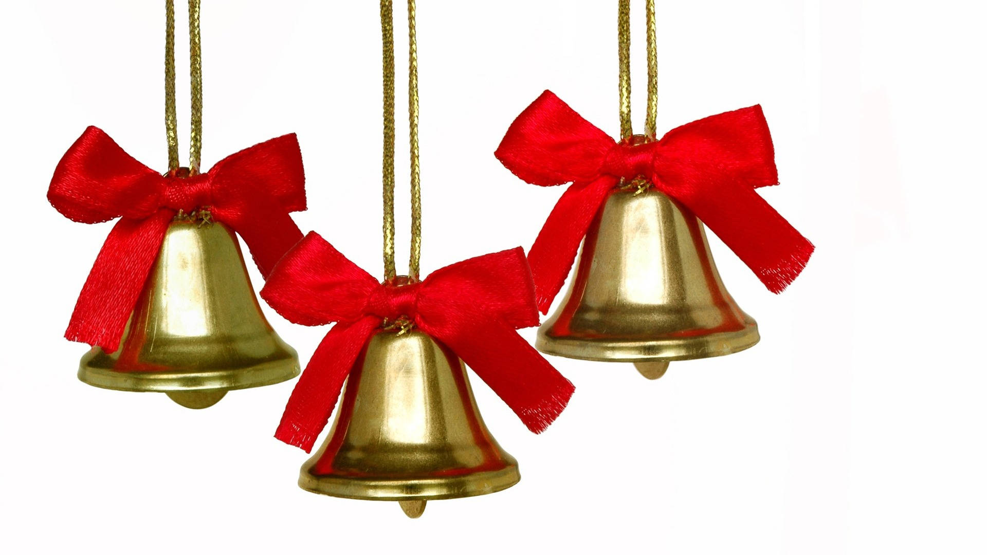 Download Golden Christmas Bells With Red Ribbons Wallpaper