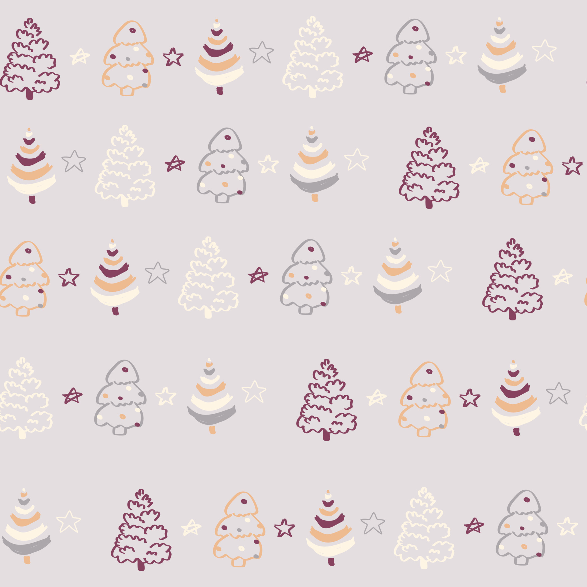 Grey seamless pattern with yellow pink white Christmas tree lines and doodle stars. Winter texture, textiles, children wallpaper