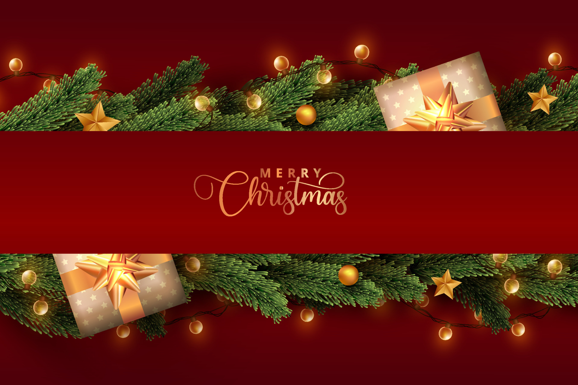 Shiny christmas lights wrapped in realistic pine tree leaves and gift boxes on red background. Merry christmas concept design