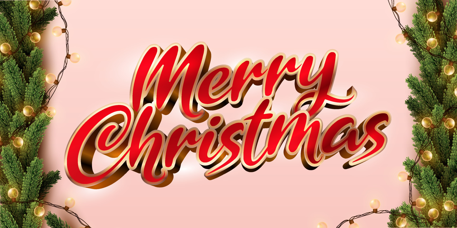 Merry christmas shiny golden 3D text, pine tree leaves and light bulbs on light red background