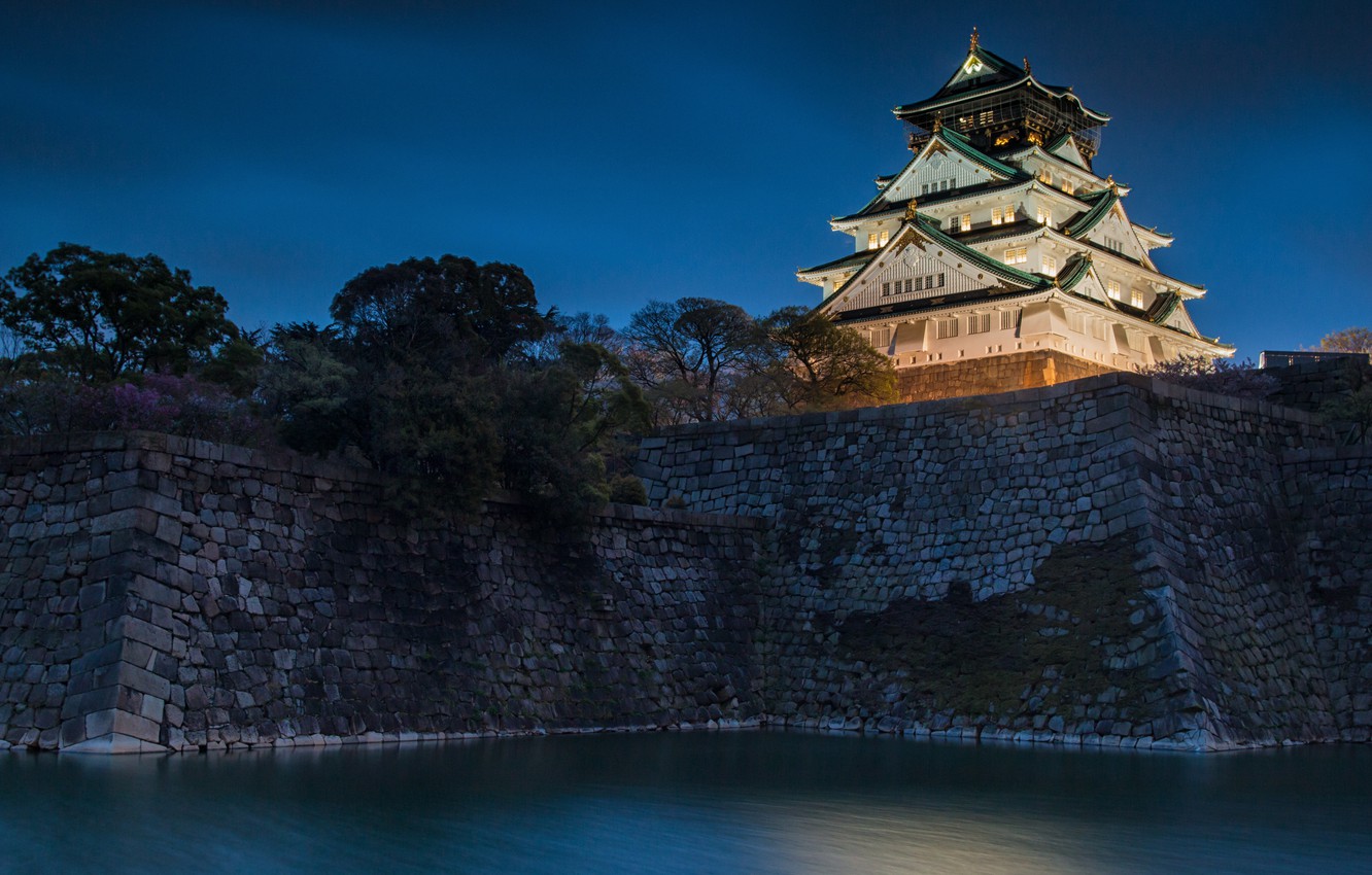Wallpaper water, night, castle, Japan, Japan, Osaka, Osaka, ditch, mound, Osaka Castle image for desktop, section город