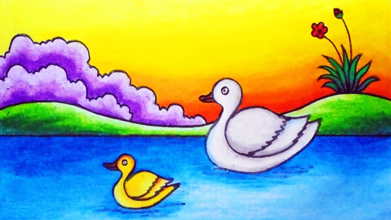 Duck Scenery Step by Step. Easy Scenery Drawing of Two Ducks in the River