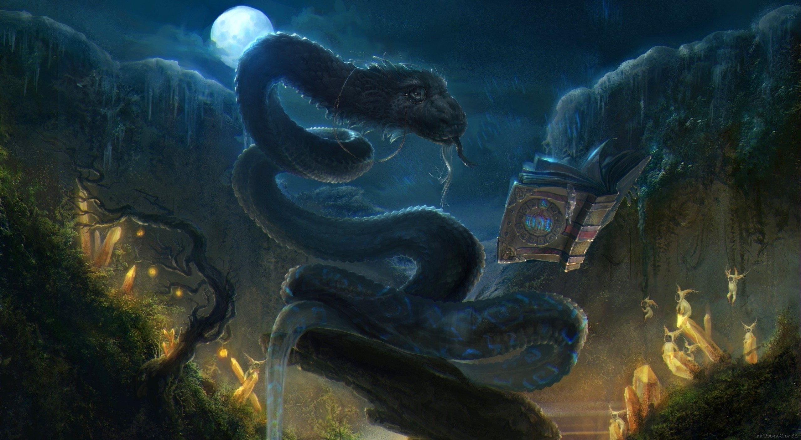 fantasy Art, Artwork, Snake, Moon, Fairies Wallpaper HD / Desktop and Mobile Background