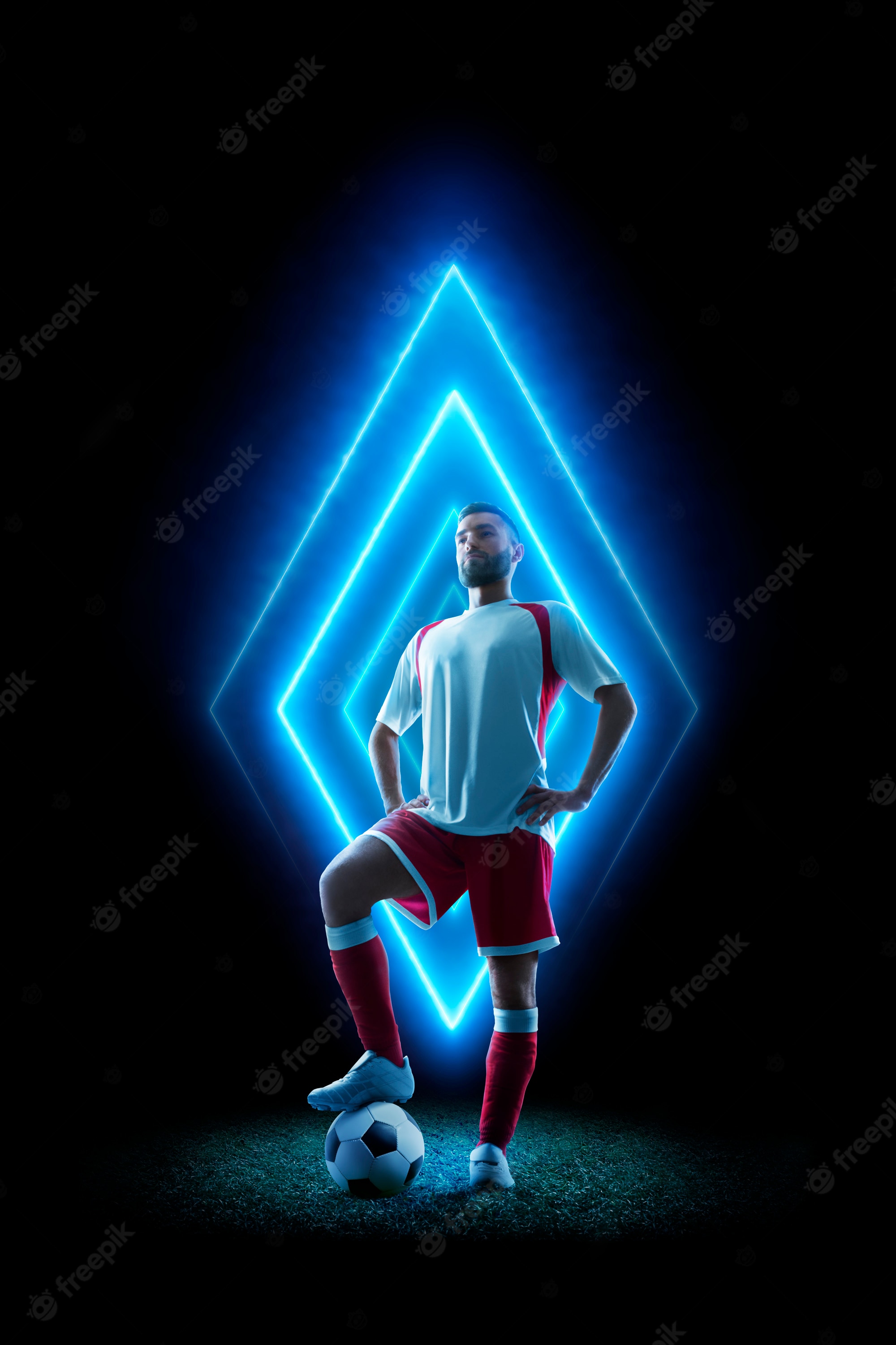 Premium Photo. Professional soccer player in neon style. soccer black isolated. neon geometric shape