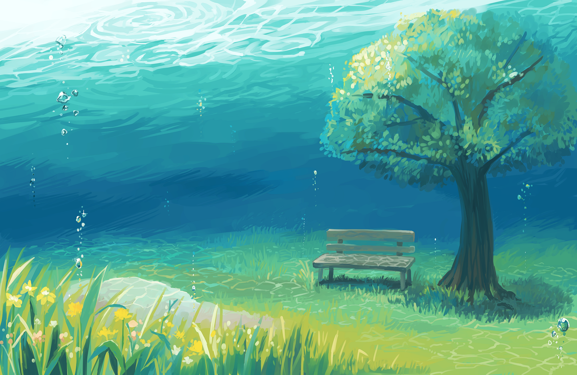 Download 2560x1700 Anime Landscape, Underwater, Tree, Grass Wallpaper for Chromebook Pixel