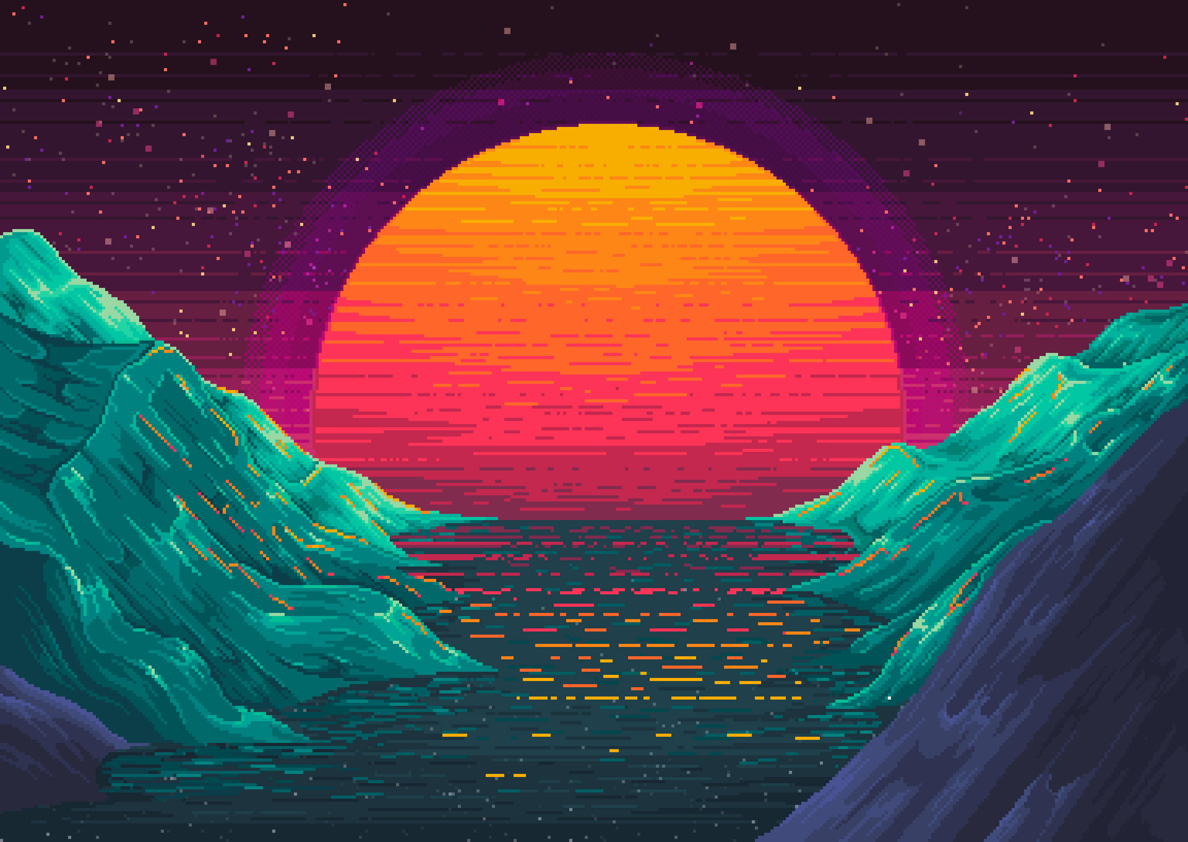 Download Lake Sunset In Aesthetic Pixel Art Wallpaper