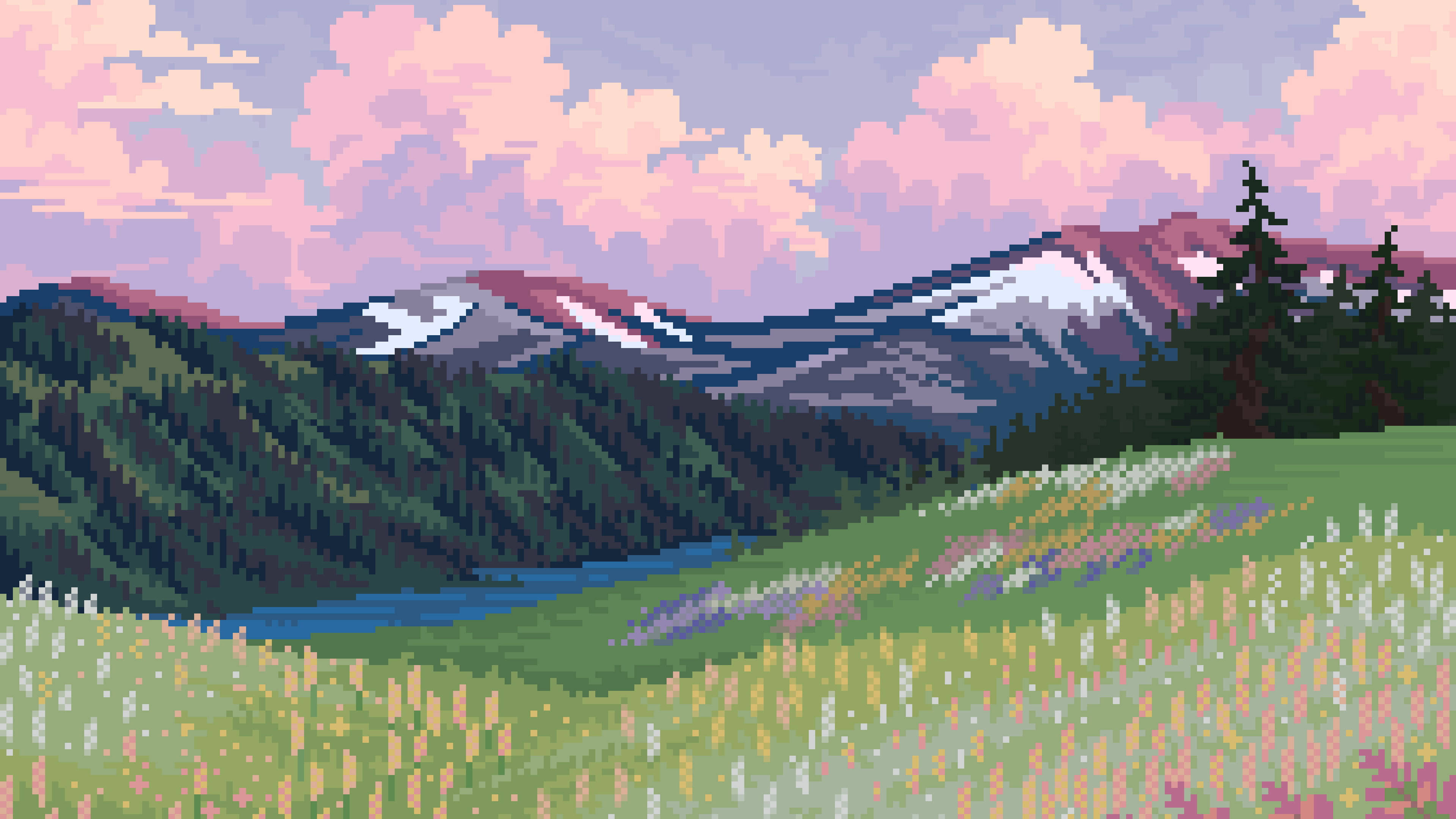 Download Mountains And Field In Aesthetic Pixel Art Wallpaper