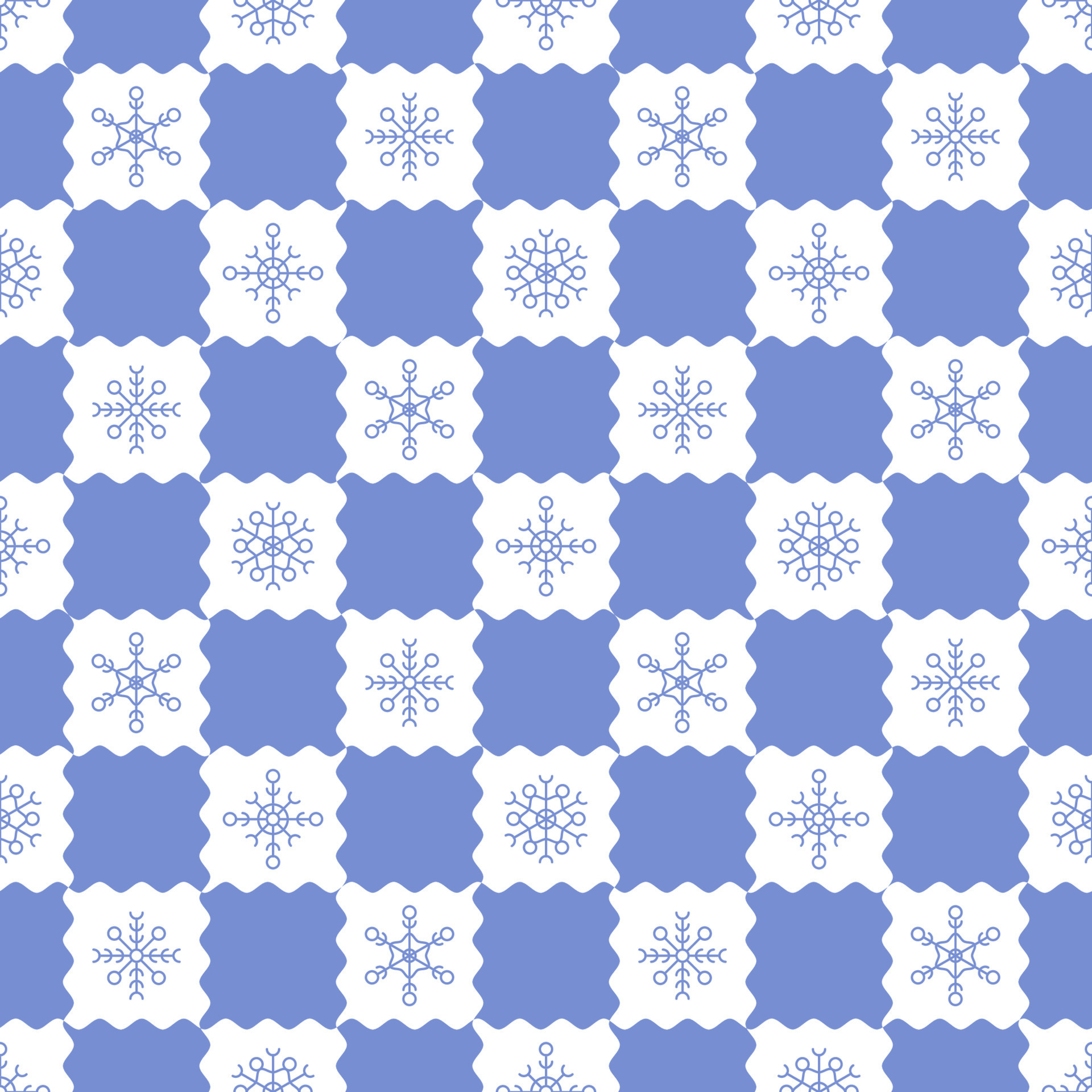 Christmas seamless pattern with snowflakes on chessboard. Y2k groovy psychedelic fun pattern background. Winter pastel blue backdrop for wrapping, wallpaper, print , textile, scrapbook paper