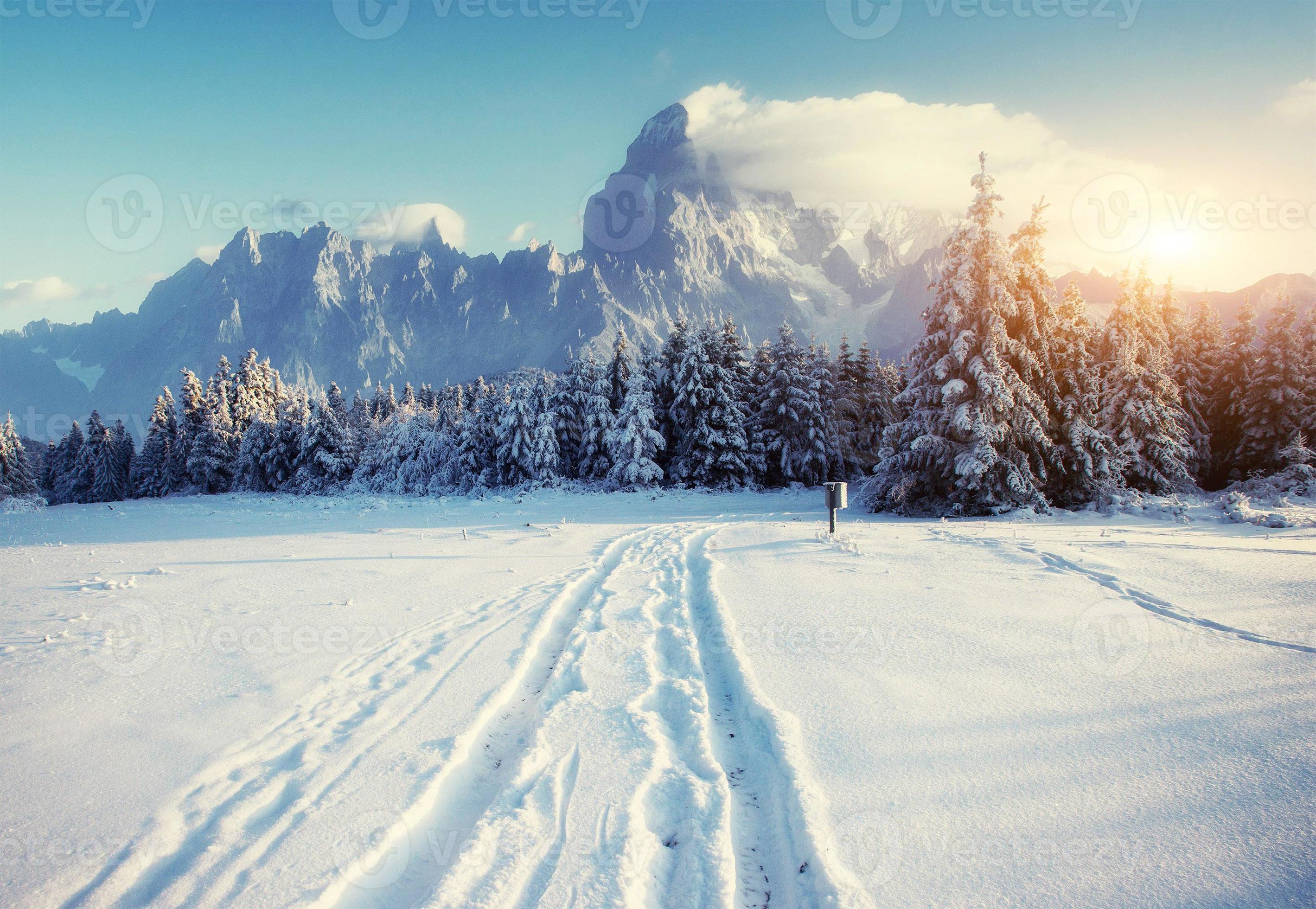 road mysterious winter landscape majestic mountains