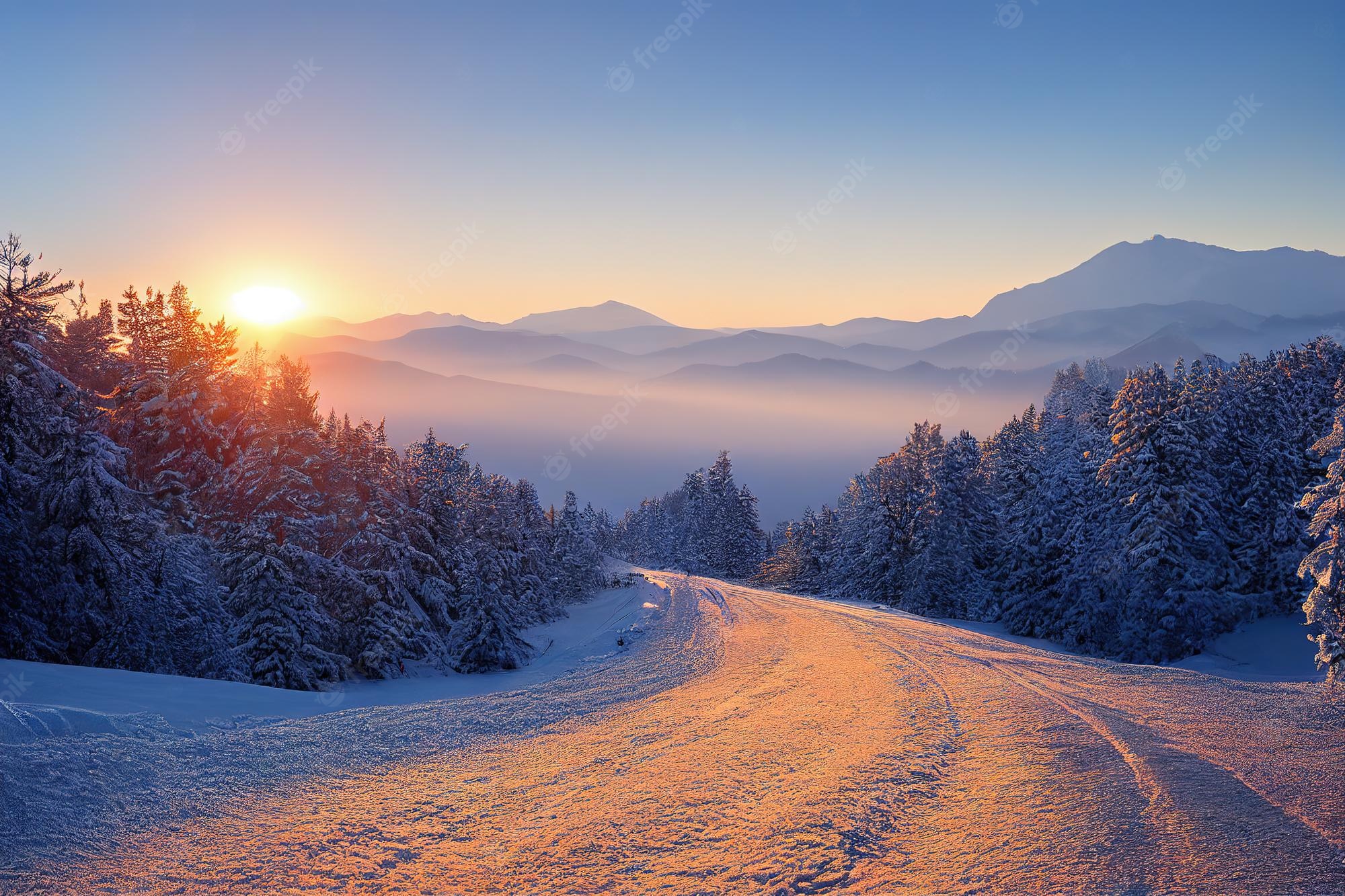Premium Photo. Winter landscape with mountain road