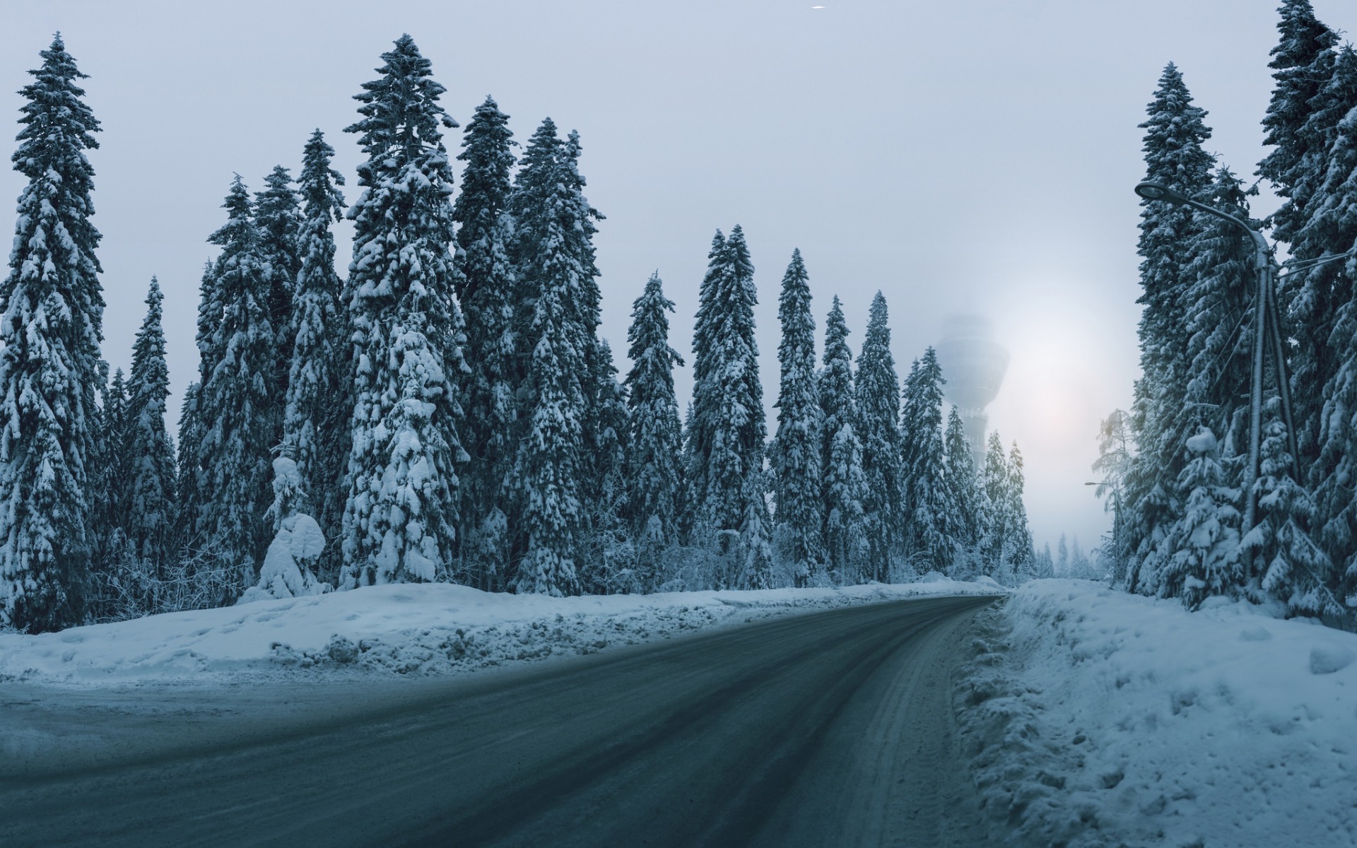 Download wallpaper winter landscape, road, forest, snow, fog, tree, winter for desktop with resolution 1920x1200. High Quality HD picture wallpaper