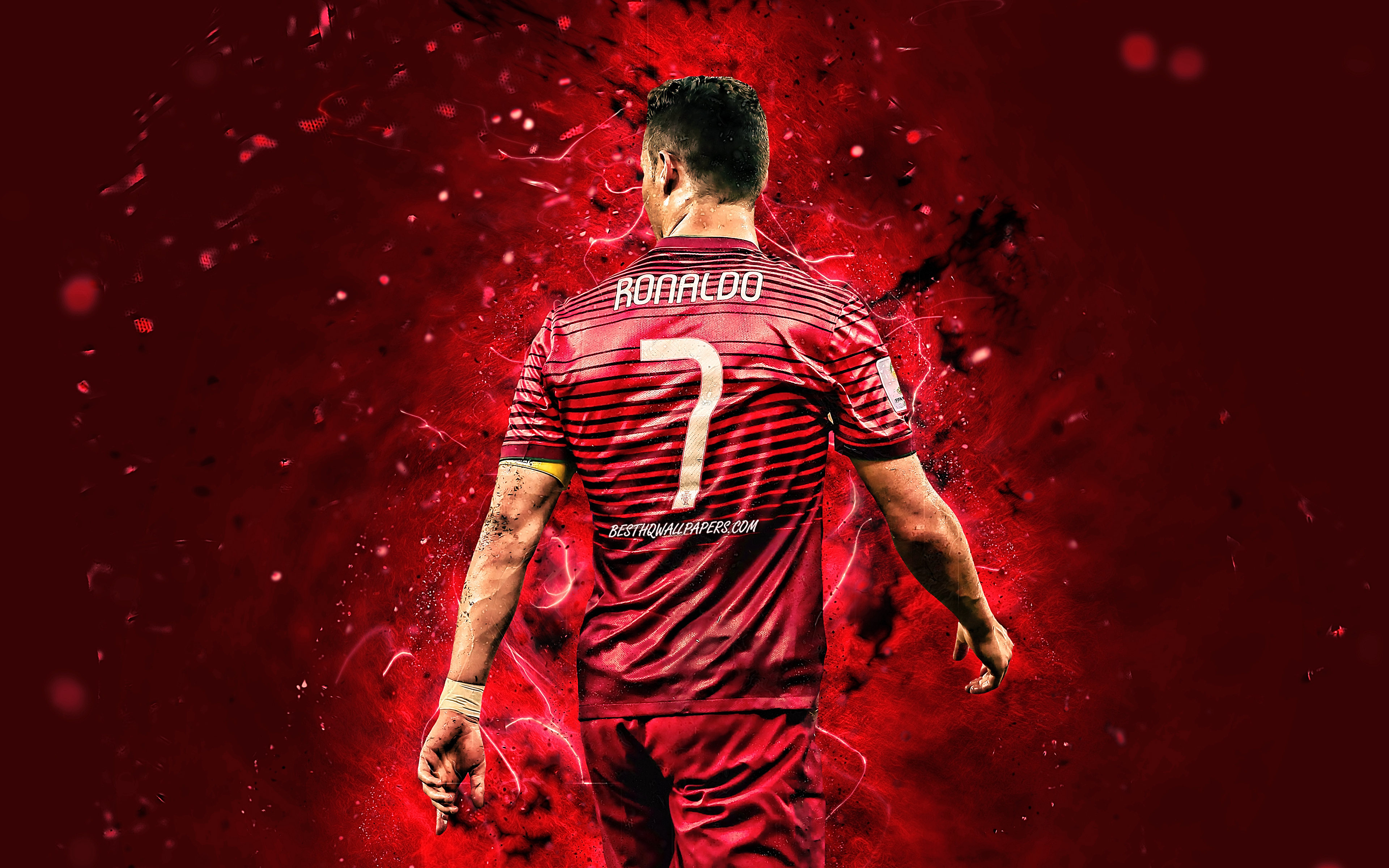Download wallpaper Cristiano Ronaldo, 4k, back view, Portugal National Team, soccer, CR7, neon lights, Ronaldo back view, Portuguese football team for desktop with resolution 3840x2400. High Quality HD picture wallpaper