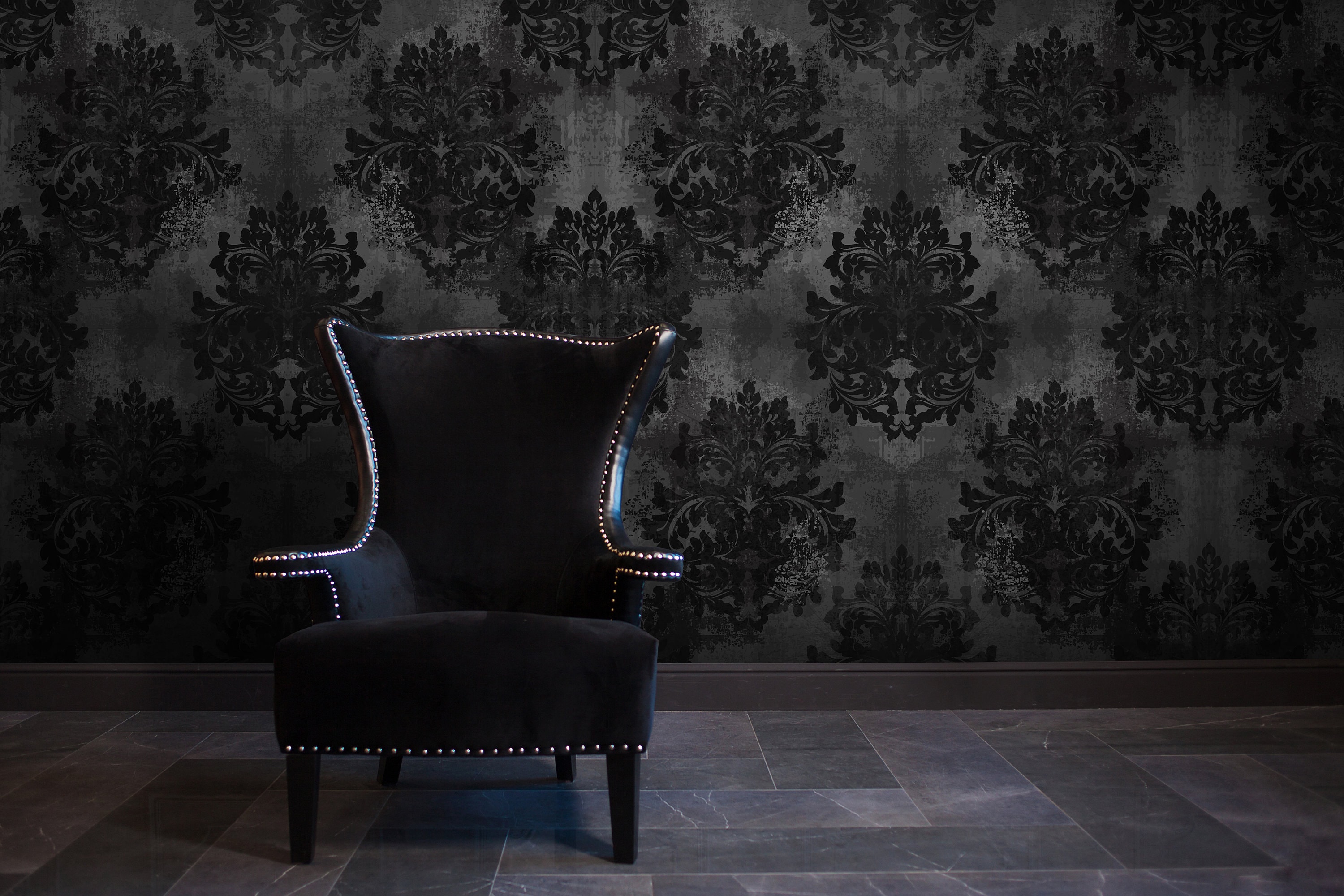 Dark Grunge Damask Wallpaper Black and White Removable Wall
