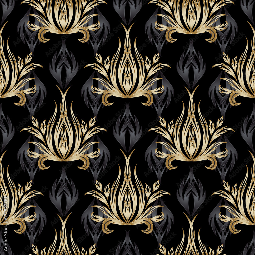 Damask vector seamless pattern. Gold Baroque wallpaper. Black floral background with 3D golden flowers, scroll leaves and surface antique ornaments. Luxury texture for fabric, textile, design. Stock Vector