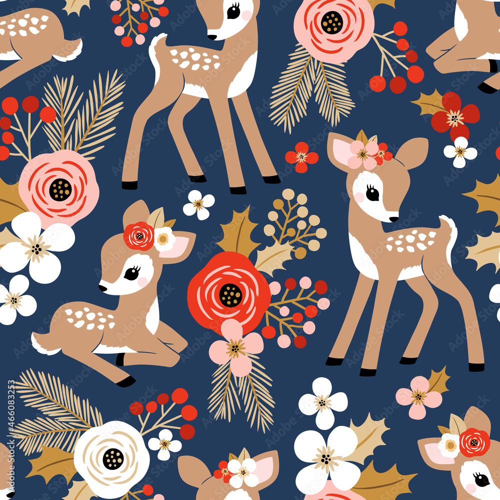 Seamless vector pattern with cute vintage Christmas fawn on floral background. Perfect for textile, wallpaper or print design. Stock Vector