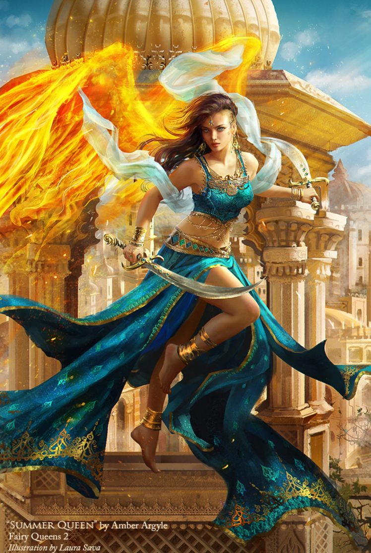 queen, Fantasy, Sword, Girl, Woman, Dress, Fire, City, Beauty, Wings Wallpaper HD / Desktop and Mobile Background